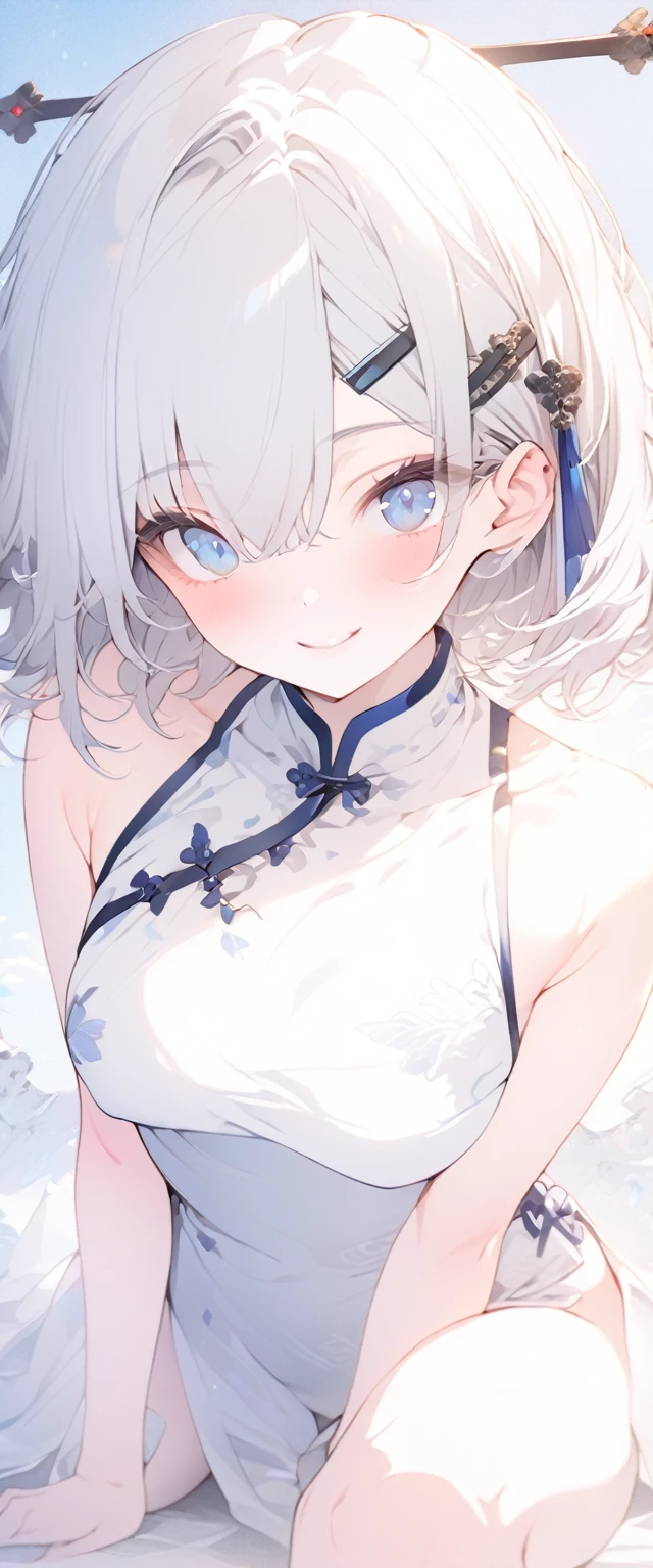 beautiful, masterpiece, Highest quality, anime, One girl, C Cup,Portrait Shot, View your viewers, Intricate details,>,Covered、Short Hair、nearby、Blue Eyes、art、、White hair,Blue streaked hair、wallpaper、、hairpin、smile、Thighs、White cheongsam、blue sky、Leg spread