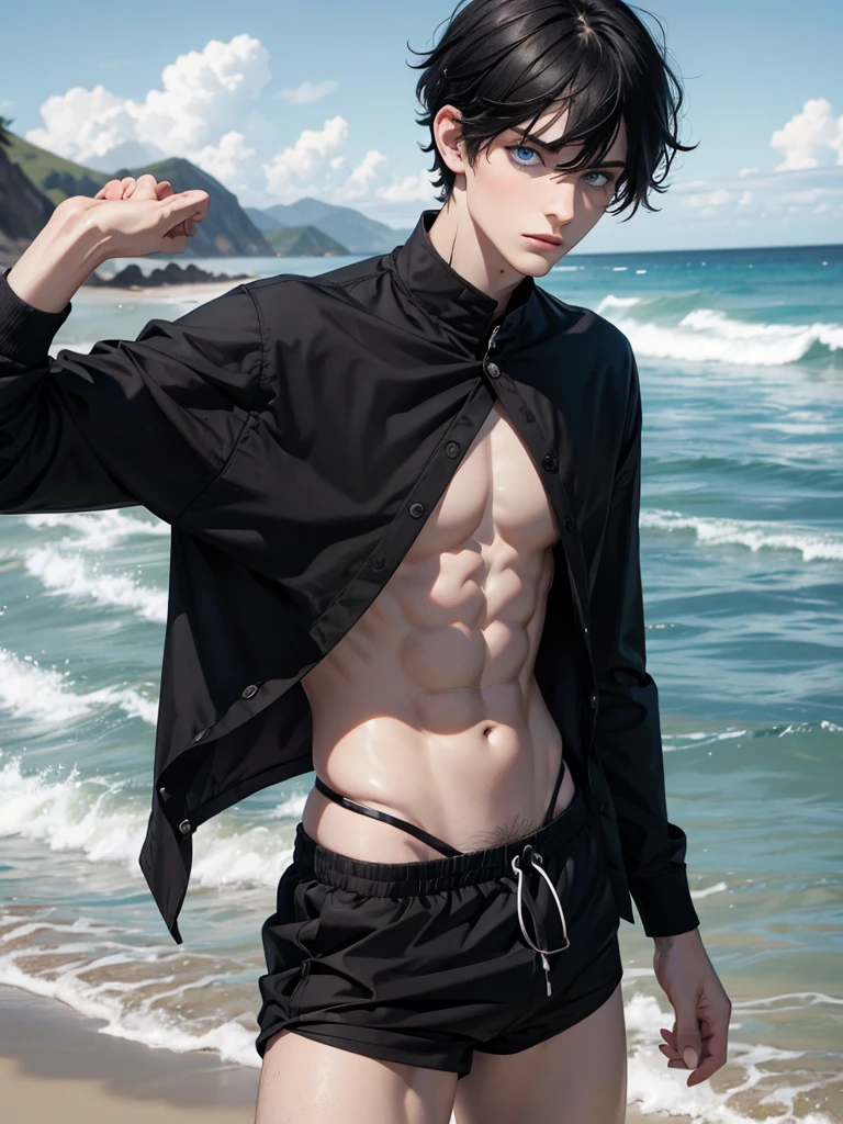 (best quality), 1boy, male, pale skin, black hair, short hair, tousled hair, messy bangs, bangs over eyes, blue eyes, perfect eyes, dark circles under eyes, lanky body, boyish, strong jawline, frown, attractive, goth boy, swim trunks, beach, masculine body, black nails, black earstuds, masterpiece, anatomically correct, highres
