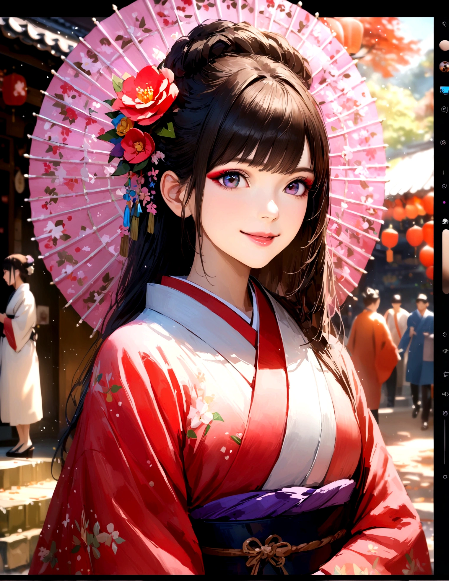 Kyoto, kimono,Maiko makeup,Blur the background,young woman,smile,Glitter effect,Highest quality, 4K, 8K, High resolution, masterpiece:1.2, Very detailed, Realistic:1.37, High resolution, 超High resolution, Ultra-fine painting, Sharp focus, Physically Based Rendering, Very detailedな説明, Professional, Vibrant colors