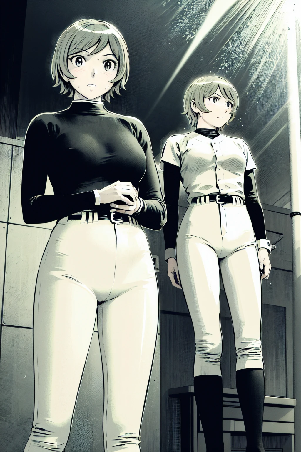(野球uniform:1.2),
Blonde Hair, (short hair:1.2),Long sleeve, Black Shirt, turtleneck,White trousers、uniform、Black belt、((Illustration of people))、Big Boobs、
View Audience,, (Highest quality:1.3),One Girl, White pants、uniform、Outdoor、baseball ground、ground、soil、blue eyes、Tight black shirt、(masterpiece、Highest quality)、Highest quality, Ultra-high resolution, (((masterpiece))), alone, Sweat、Big eyes、Big Breasts、One Girl, Front view、Embarrassed face、Bronze colored hair、((short hair))、Stand up straight
