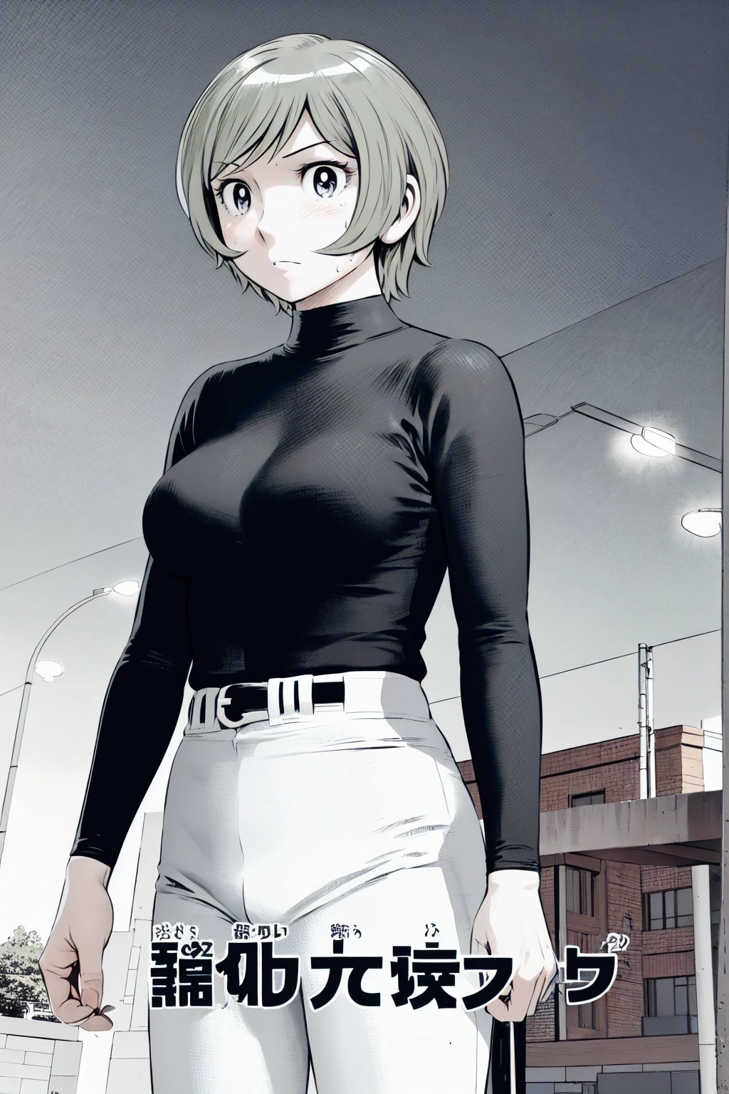 (野球uniform:1.2),
Blonde Hair, (short hair:1.2),Long sleeve, Black Shirt, turtleneck,White trousers、uniform、Black belt、((Illustration of people))、Big Boobs、
View Audience,, (Highest quality:1.3),One Girl, White pants、uniform、Outdoor、baseball ground、ground、soil、blue eyes、Tight black shirt、(masterpiece、Highest quality)、Highest quality, Ultra-high resolution, (((masterpiece))), alone, Sweat、Big eyes、Big Breasts、One Girl, Front view、Embarrassed face、Bronze colored hair、((short hair))、Stand up straight