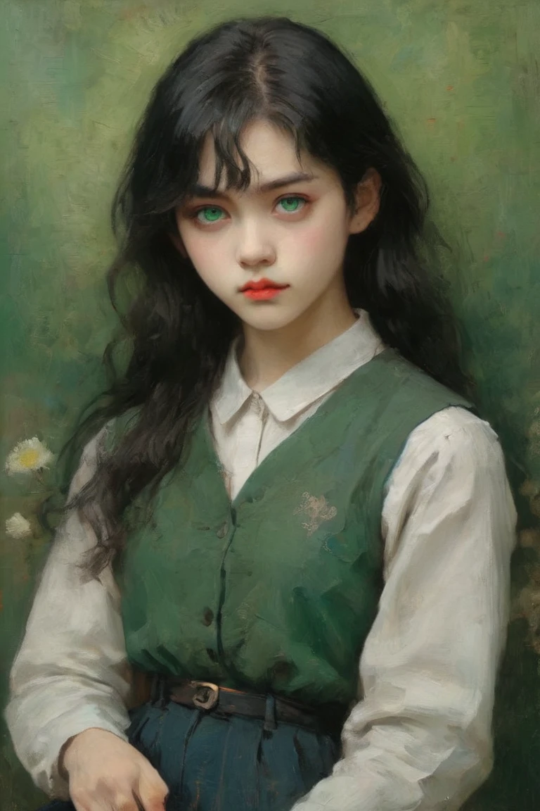 Professional Oil Painting, Official Art, Emotional portrait, 最high quality, high quality, Great quality, masterpiece, Ultra-high resolution, Vincent Van Gogh-esque break, Break Artoria Pendragon \(destiny\), Things to know, Very beautiful, elegant, Luscious, Gorgeous, nice, Brave, Courageous, bold, Beautifully detailed face, Beautiful attention to detail, (Green Eyes:1.3), Perfect Anatomy, masterpiece、Beautiful Boy、Englishman、Beautiful eyes、soft、、White skin and black hair。Girl-like appearance、Her long hair is parted in the center with her bangs hanging over one eye.。Ears hide with hair、Messy Hair、Beautiful rise、Beautiful raised eyebrows、Mongoloid、Large chin、Rock style outfit and jeans。WhiteＴshirt。Feminine body lines。Holding a microphone and singing enthusiastically。Wide, wide, narrow eyes。The backing band is a rock band。Good move, Perfect hands, British charm, British elegance, Relaxed pose, fashionable, Floral, Excalibur, Breaking the vibrant colors, Fine brushwork, Glazing, Thick brushwork, Dynamic Angle, Depth of written boundary, Gallery-worthy visuals, Artistic depth and dimension