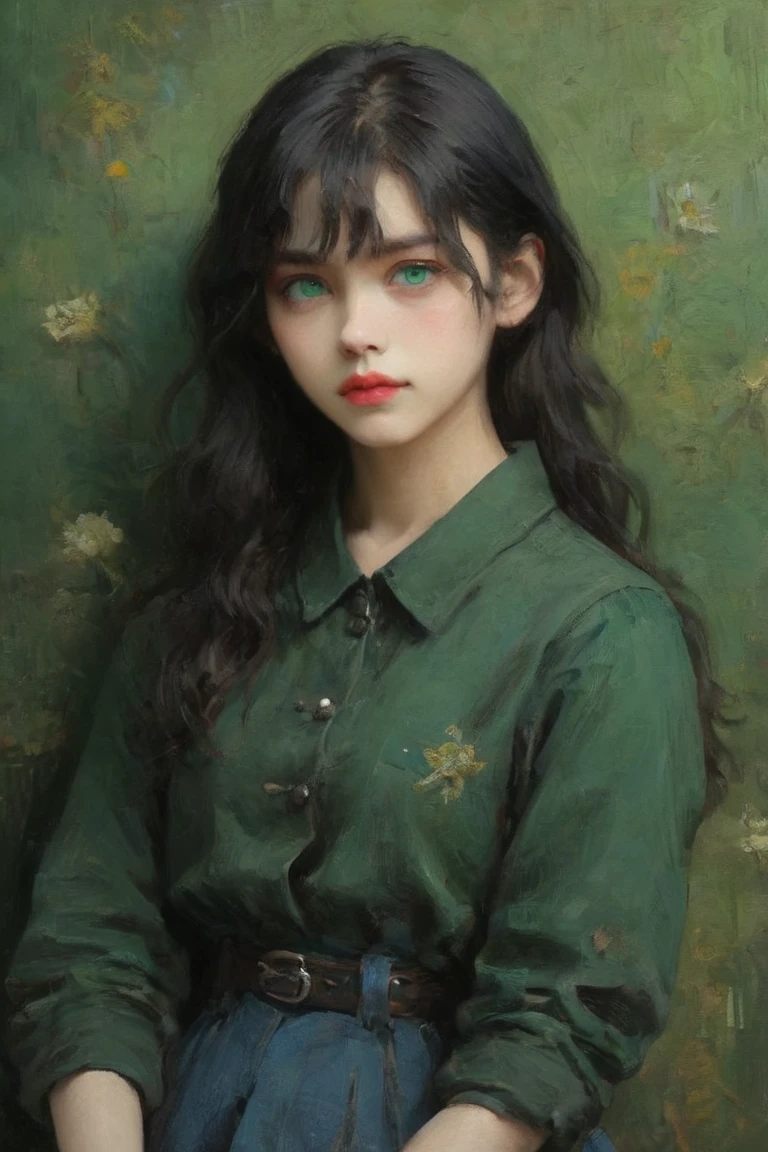 Professional Oil Painting, Official Art, Emotional portrait, 最high quality, high quality, Great quality, masterpiece, Ultra-high resolution, Vincent Van Gogh-esque break, Break Artoria Pendragon \(destiny\), Things to know, Very beautiful, elegant, Luscious, Gorgeous, nice, Brave, Courageous, bold, Beautifully detailed face, Beautiful attention to detail, (Green Eyes:1.3), Perfect Anatomy, masterpiece、Beautiful Boy、Englishman、Beautiful eyes、soft、、White skin and black hair。Girl-like appearance、Her long hair is parted in the center with her bangs hanging over one eye.。Ears hide with hair、Messy Hair、Beautiful rise、Beautiful raised eyebrows、Mongoloid、Large chin、Rock style outfit and jeans。WhiteTshirt。Feminine body lines。Holding a microphone and singing enthusiastically。Wide, wide, narrow eyes。The backing band is a rock band。Good move, Perfect hands, British charm, British elegance, Relaxed pose, fashionable, Floral, Excalibur, Breaking the vibrant colors, Fine brushwork, Glazing, Thick brushwork, Dynamic Angle, Depth of written boundary, Gallery-worthy visuals, Artistic depth and dimension