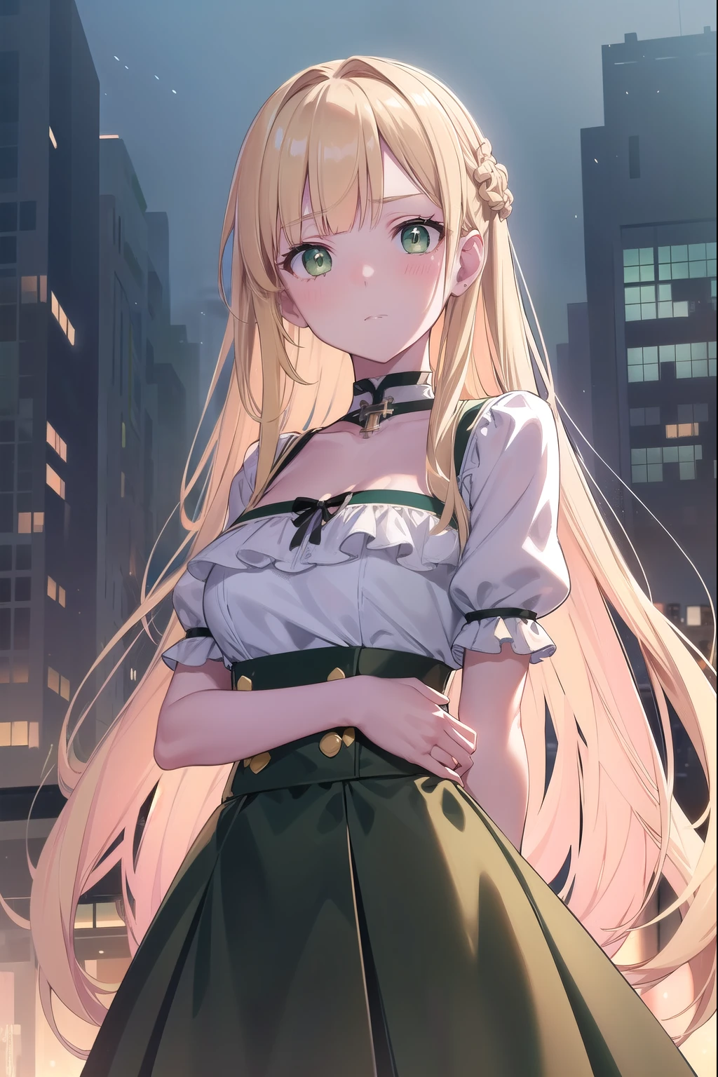 Blonde Hair, choker, (Green Eyes:1.5), Long Hair, dress, skirt, blush, blush stickers, Cross your arms behind your back, Arms folded behind back, china dress, break looking at viewer, break outdoors, city, break (masterpiece:1.2), highest quality, High resolution, unity 8k wallpaper, (figure:0.8), (Beautiful fine details:1.6), Highly detailed face, Perfect lighting, Highly detailed CG, (Perfect hands, Perfect Anatomy),