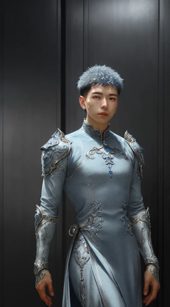 a close up of a young man in a silver and blue dress, chengwei pan on artstation, by Yang J, detailed fantasy art, stunning character art, fanart best artstation, epic exquisite character art, beautiful armor, extremely detailed artgerm, detailed digital anime art, artgerm on artstation pixiv, armoured man