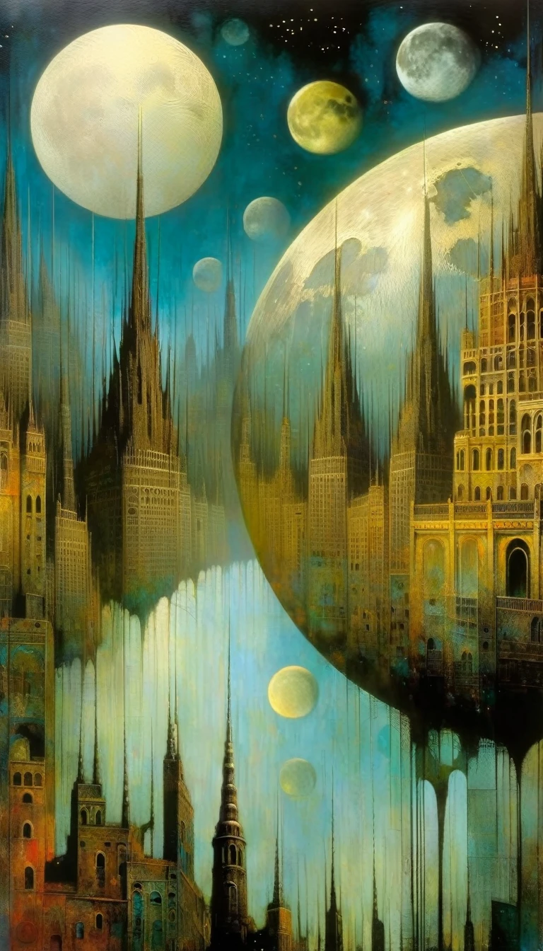 the moon and the surreal city, Artwork inspired by Dave Mckean, intricate details, oil painted