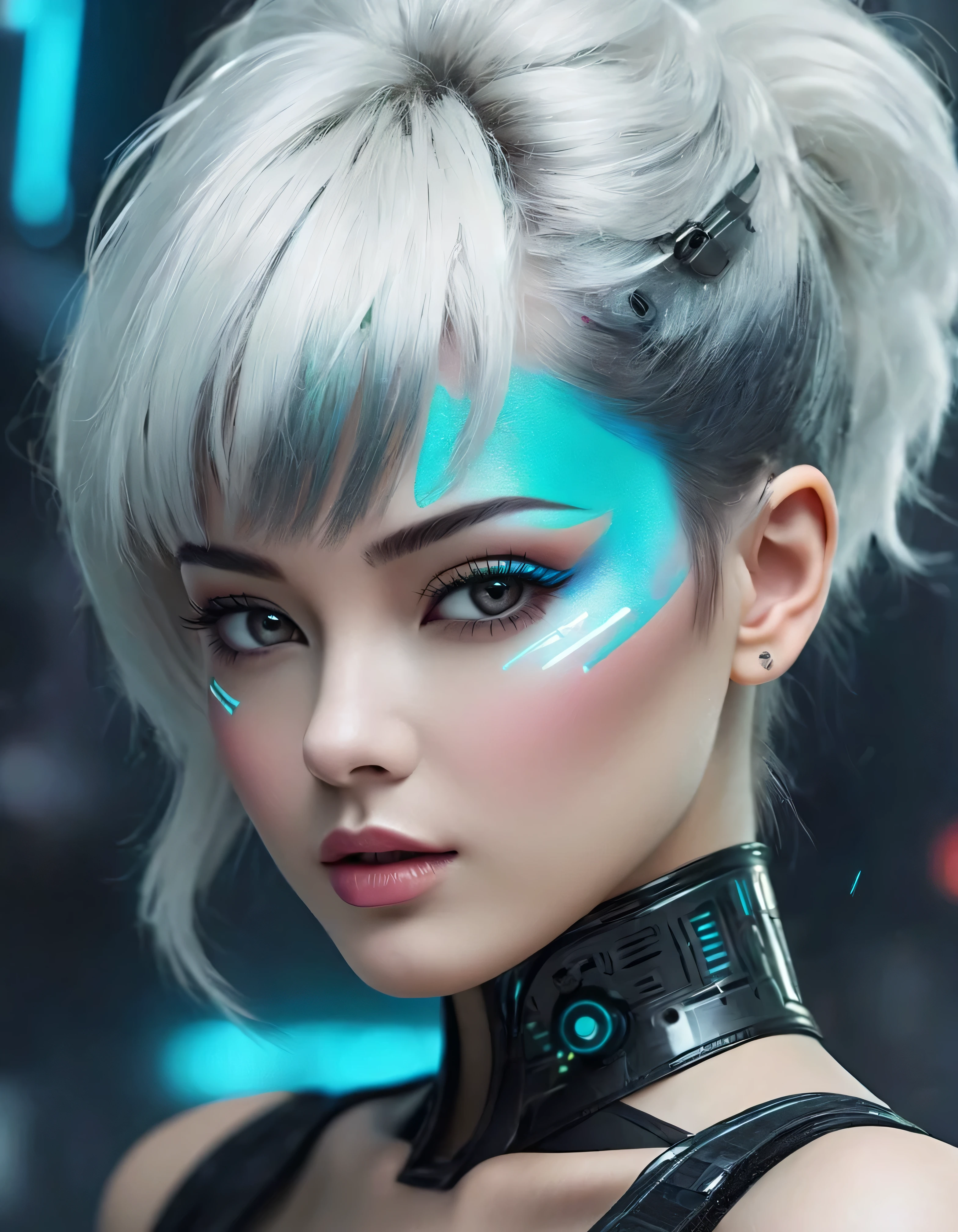 This is a description of futuristic technology, cyberpunk backgrounds and various elements related to facial features, color spray paint, tattoos, beauty and robots. The description mentions high-definition facial features, compact faces, deep scenes, color spray paint, beautiful faces, white eyes, deep perspective, male and female characters, and sophisticated faces. In addition, the elements of the dark background are emphasized.