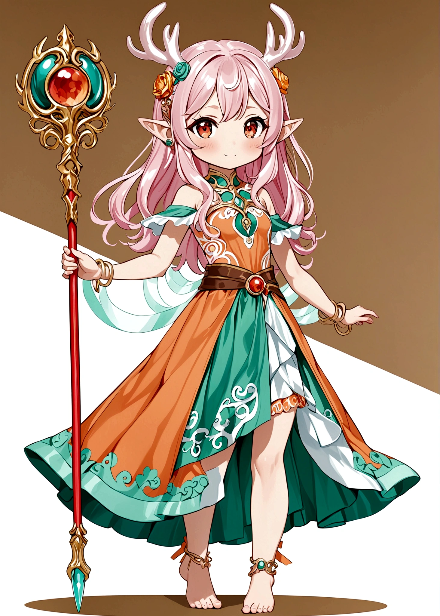 Cartoon anime style,beautiful girl,Fluffy pink hair,antlers,Elf ears,orangeskirt,Scepter,Standing barefoot,Foot ring。(((Correct human anatomy)))