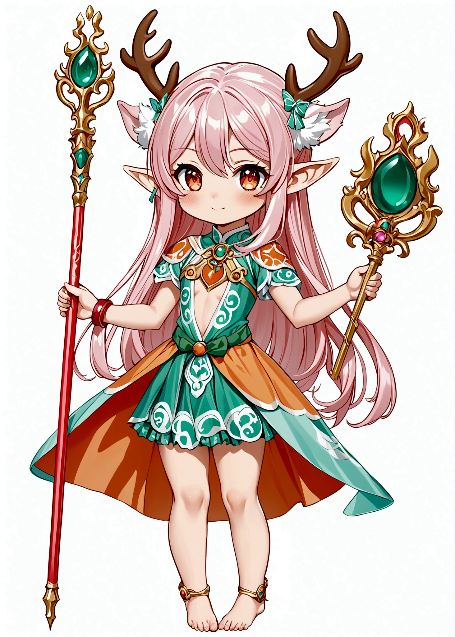 Cartoon anime style,beautiful girl,Fluffy pink hair,antlers,Elf ears,orangeskirt,Scepter,Standing barefoot,Foot ring。(((Correct human anatomy)))