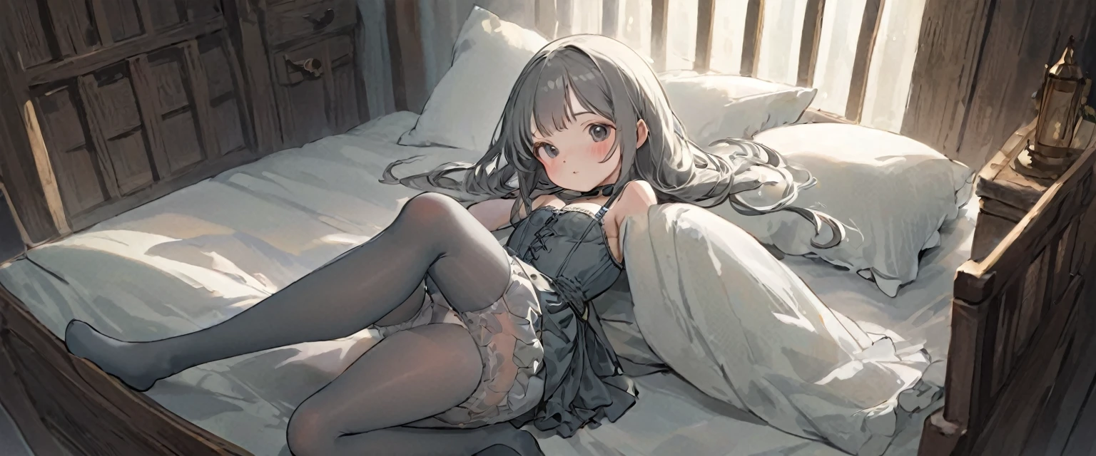 8 medieval girl, In underwear、Knee-length semi-transparent bloomers(Drawers)Wearing、Wearing a semi-transparent corset、Translucent slip, Grey translucent tights、sleep