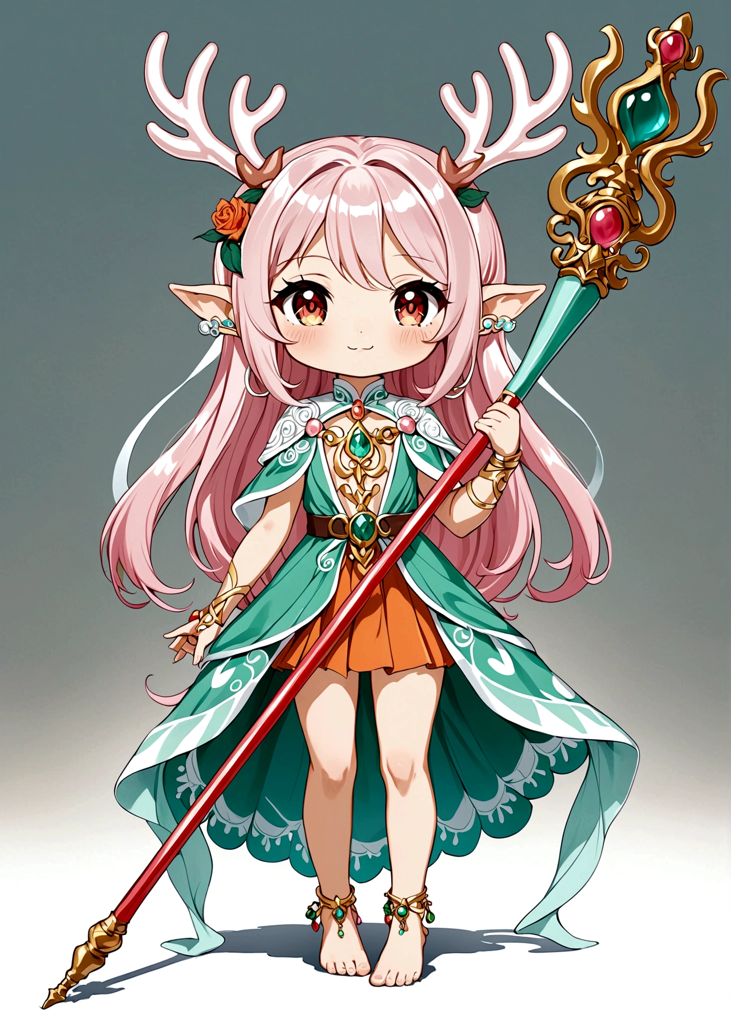 Cartoon anime style，beautiful girl，Fluffy pink hair，antlers，Elf ears，orangeskirt，Scepter，Standing barefoot，Foot ring。(((Correct human anatomy)))