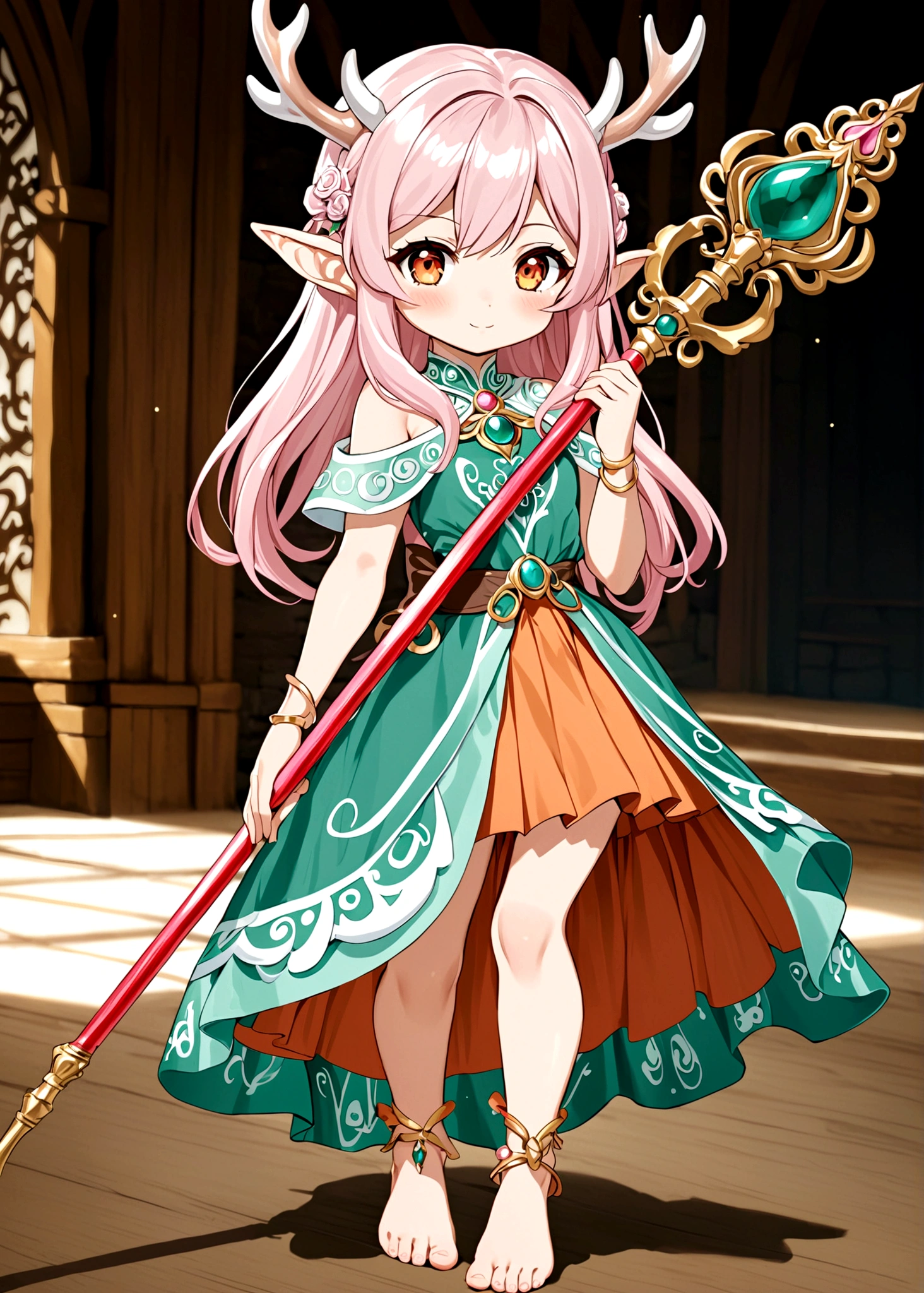 Cartoon anime style，beautiful girl，Fluffy pink hair，antlers，Elf ears，orangeskirt，Scepter，Standing barefoot，Foot ring。(((Correct human anatomy)))