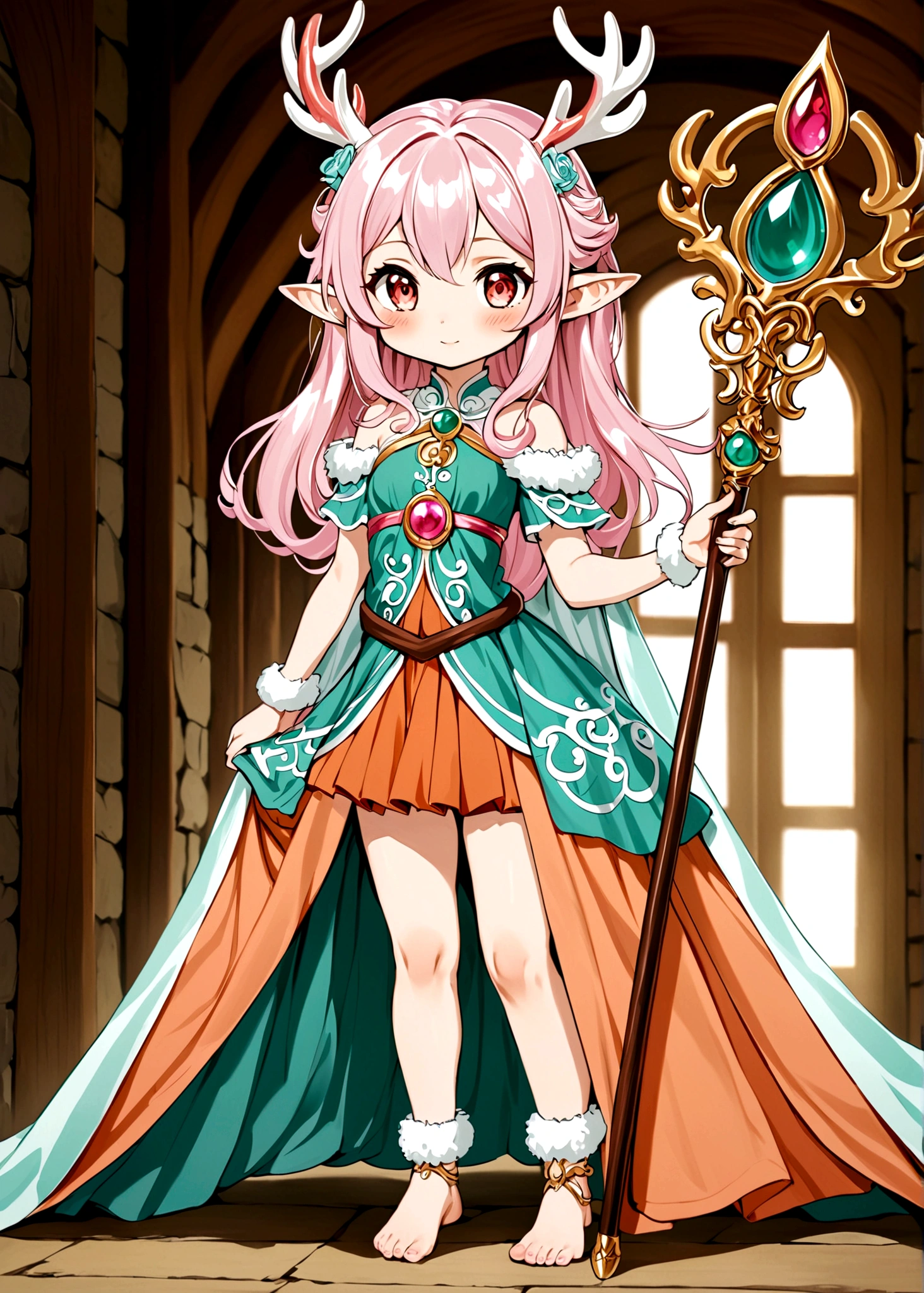Cartoon anime style,beautiful girl,Fluffy pink hair,antlers,Elf ears,orangeskirt,Scepter,Standing barefoot,Foot ring。(((Correct human anatomy)))