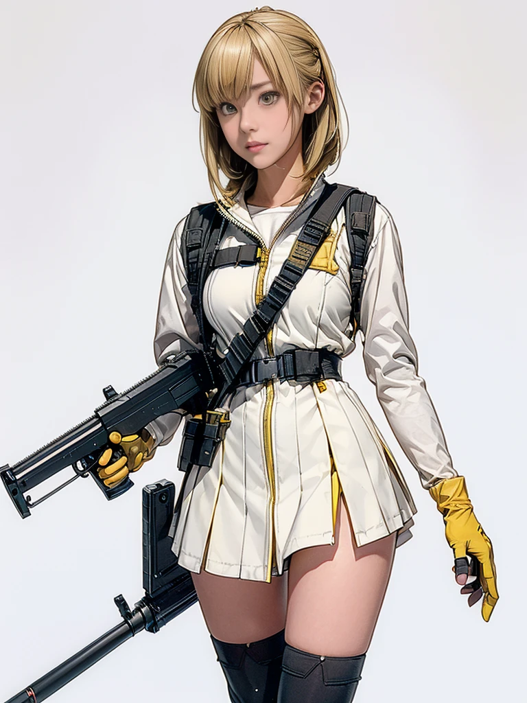 1girl, solo, skirt, blonde hair, simple background, thighhighs, gloves, white background, holding, , yellow eyes, weapon, teeth, holding weapon, gun, sharp teeth, holding gun, rifle, assault rifle, holster, trigger discipline, thigh holster, scope, holstered weapon, load bearing vest, ar-15
