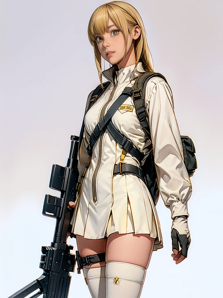  1girl, solo, skirt, blonde hair, simple background, thighhighs, gloves, white background, holding, , yellow eyes, weapon, teeth, holding weapon, gun, sharp teeth, holding gun, rifle, assault rifle, holster, trigger discipline, thigh holster, scope, holstered weapon, load bearing vest, ar-15