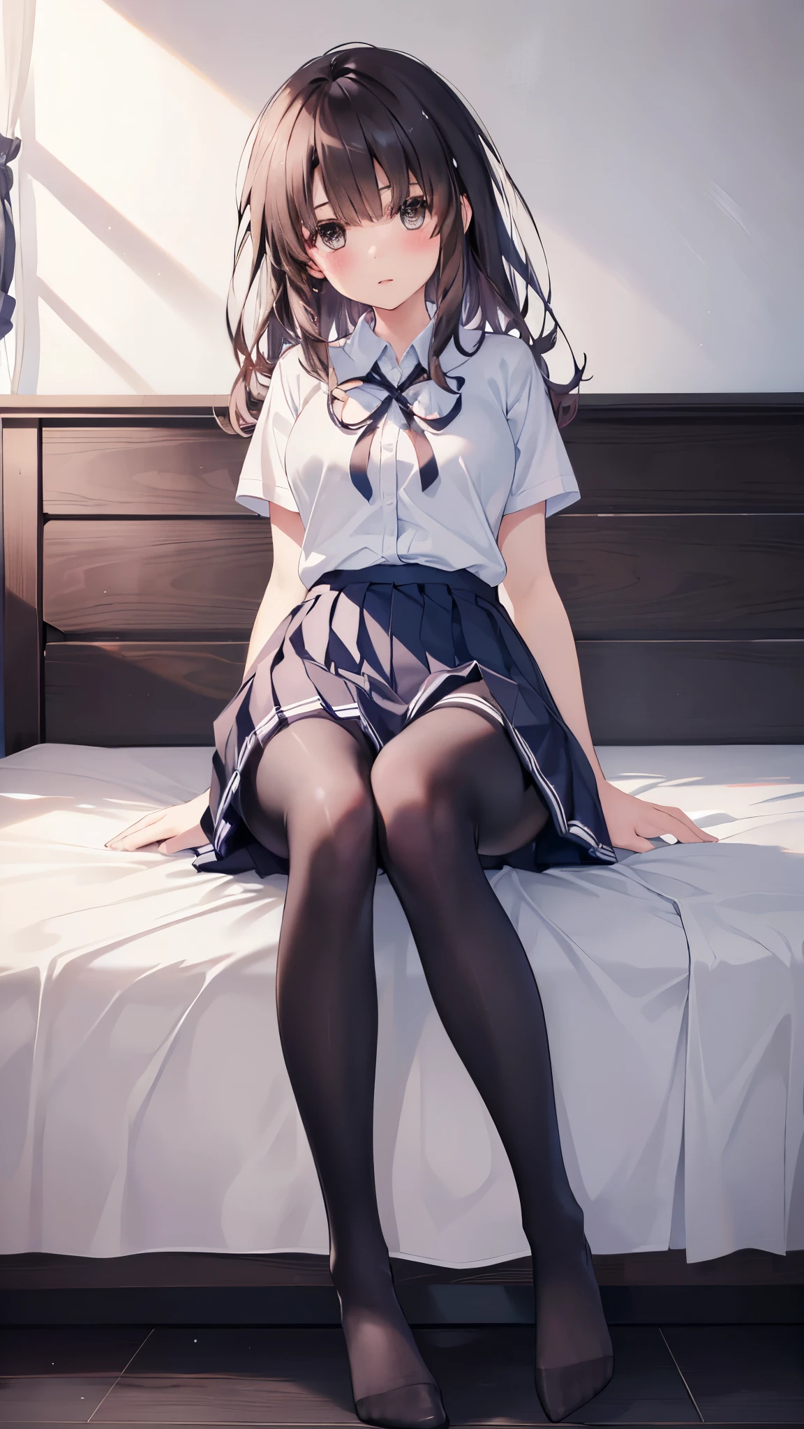 (8K、Best image quality、Highest quality、masterpiece)、One tall girl、((whole body))、M-shaped legs spread in bed、White panties are visible、Wavy Hair、blush、Medium Bust、White collared shirt、Short sleeve、((Checkered pleated mini skirt))、((black tights))、Black Pantyhose、((No shoes))