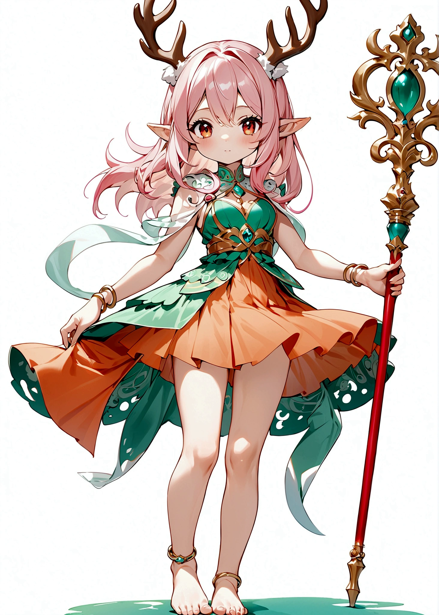 Cartoon anime style，beautiful girl，Fluffy pink hair，antlers，Elf ears，orangeskirt，Scepter，Standing barefoot，Foot ring。(((Correct human ???????)))