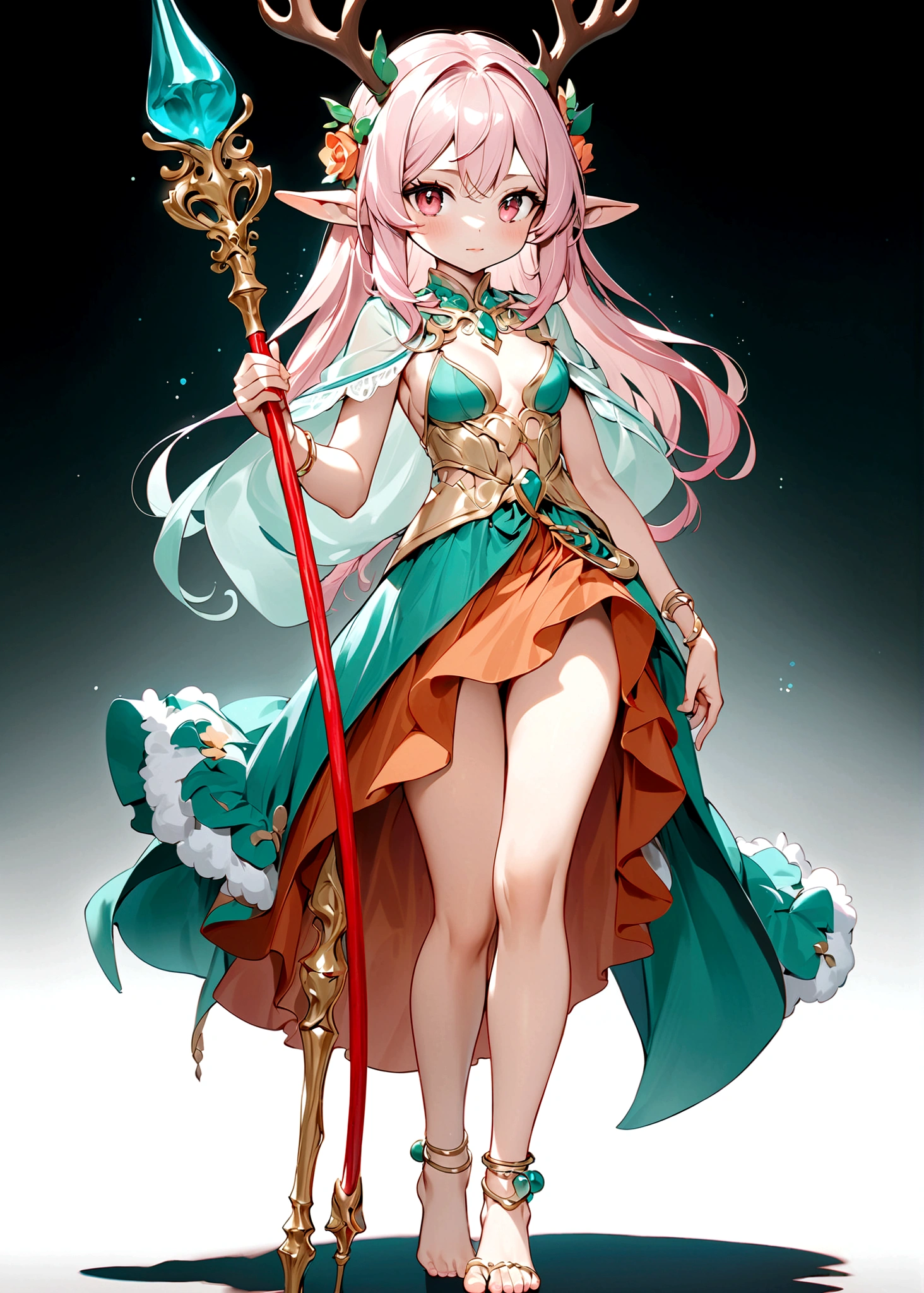 Cartoon anime style,beautiful girl,Fluffy pink hair,antlers,Elf ears,orangeskirt,Scepter,Standing barefoot,Foot ring。(((Correct human anatomy)))