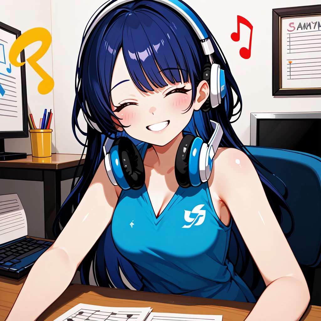 (best quality, masterpiece, ultra high-resolution, ultra-detailed: 1.2), An illustration of quarter note and eighth note symbols popping out of headphones. Picture the musical note symbols spilling out of your headphones and spreading out all around you. Don't include paper notes, keep the background simple so the notes stand out, and give the overall pop and energetic feel.
A girl sleeping face down on a desk,Close-up ,smiling,(closed eyes),big headphones,
white background,shiny skin,pale skin,