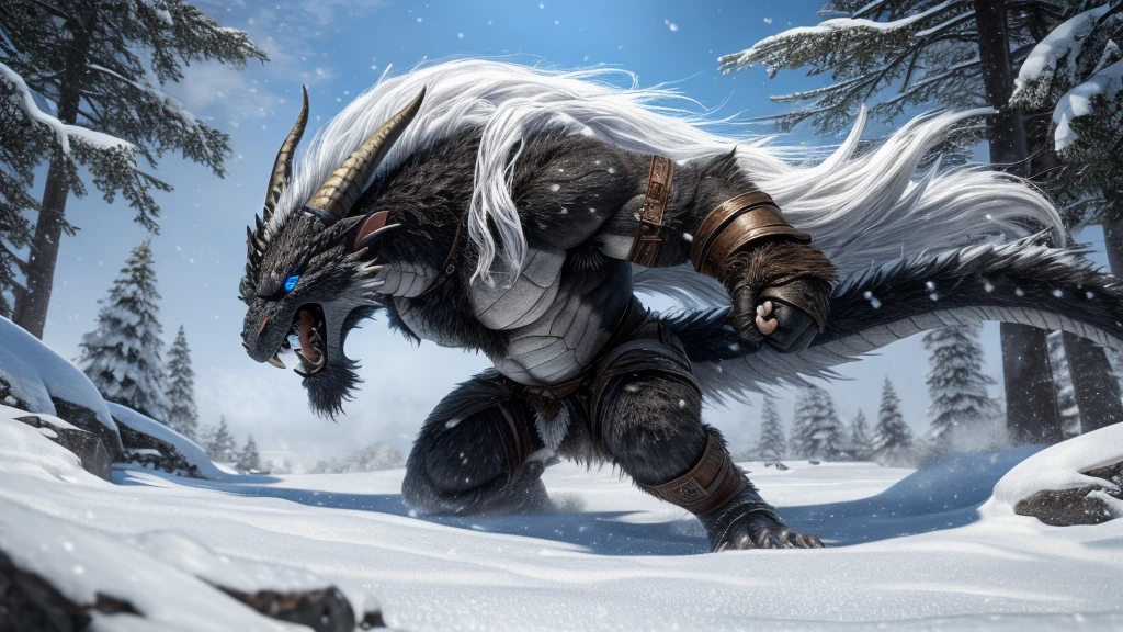 head、Animal cat face、A pair of dragon horns，Fluffy white hair all over the body、Heavy breathing、Gnashing of teeth,Serious expression,Fluffy belly、Leather Armor，Viking style，wildcat、blue eyes，(contour）The whole body is covered with long white hair、Hairy body、Long and thick armpit hair、Fangs、4K，Black and white photo tree background，Snow Scene，Sharp claws、Capture the composition of the whole body、手持斧head，Fighting Pose