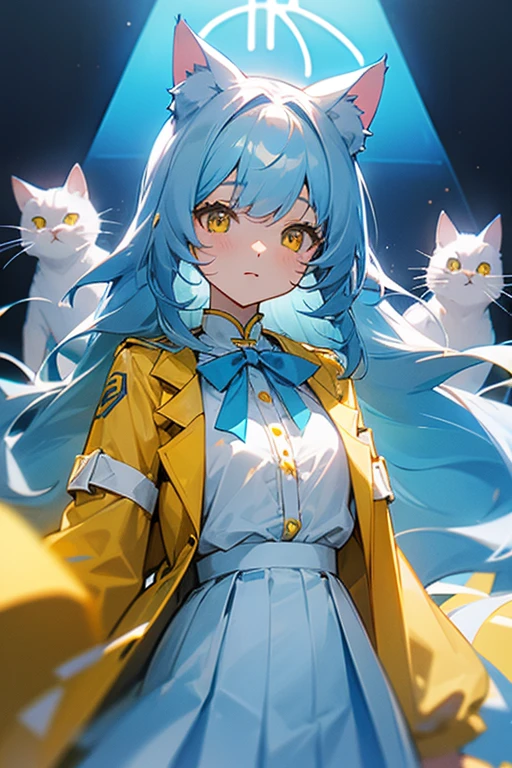 Light blue, slightly long curly hair、Cat ear、Yellow Eyes、White blouse、Yellow jacket、Light blue skirt、Light blue ribbon on chest、Girl、cute