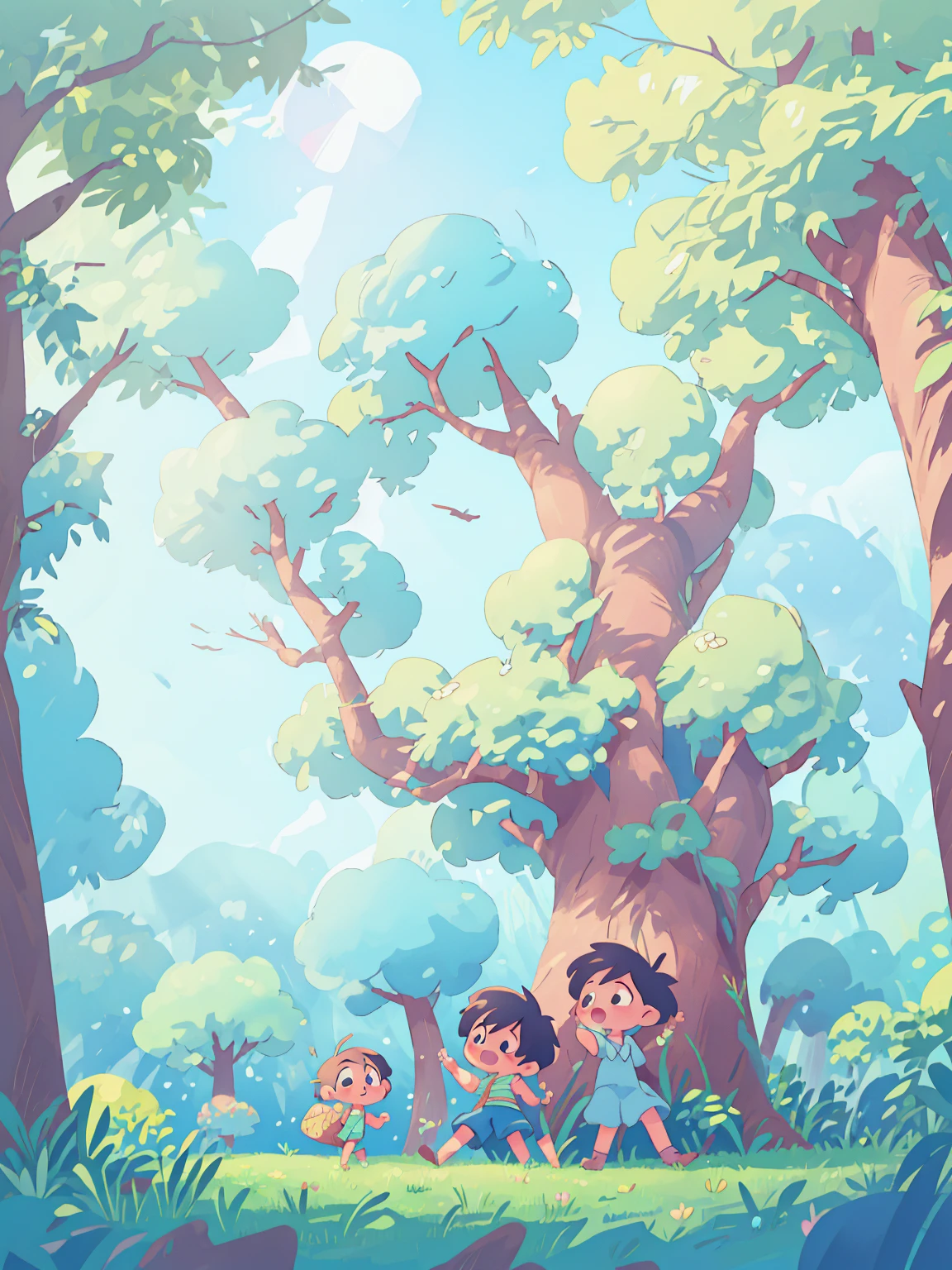 Children playing under the old tree, sunlight, blue sky, digital drawing style