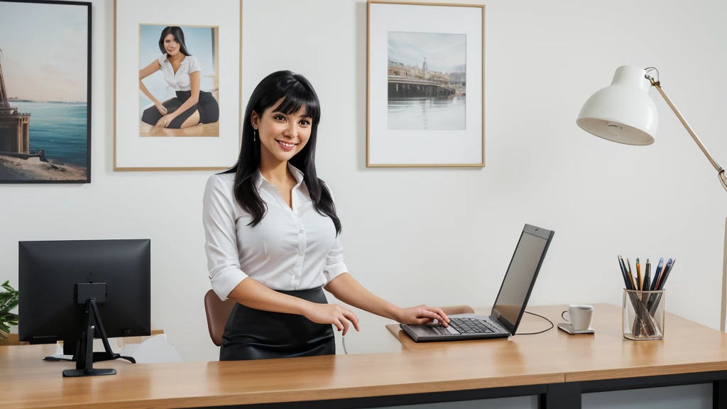 a freelance girl working in the office, office interior, desk, computer, papers, coffee mug, happy expression, business attire, pencil skirt, blouse, high heels, black hair, (best quality,8k,highres,masterpiece:1.2),ultra-detailed,photorealistic,photo-realistic:1.37,realistic,professional,studio lighting,vivid colors