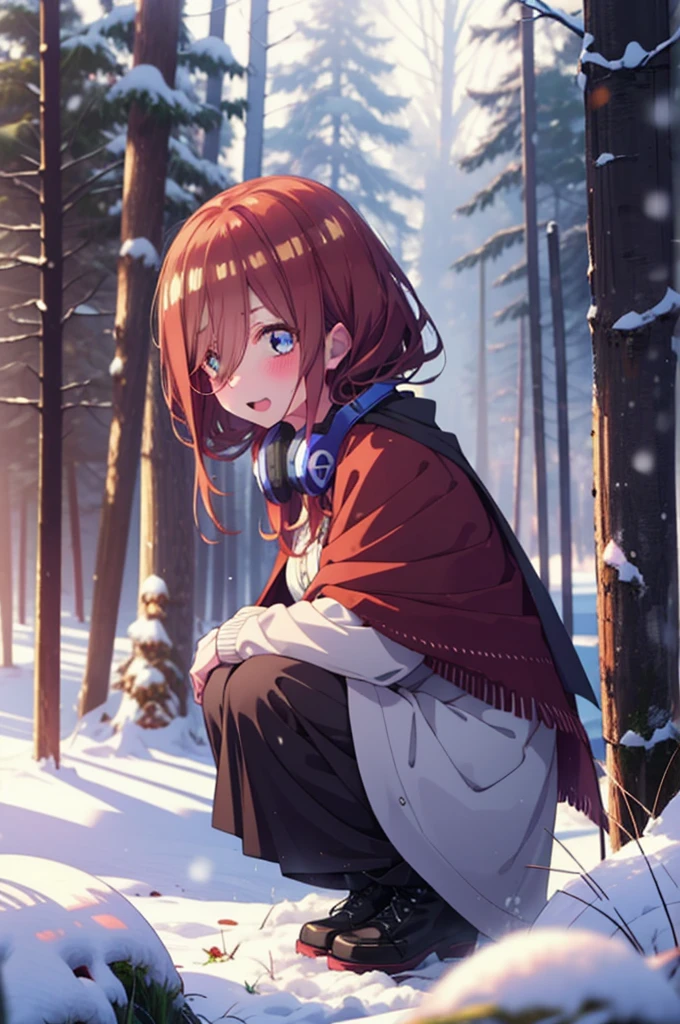 miku nakano, miku nakano, Long Hair, bangs, Brown Hair, shirt, Hair between the eyes, cardigan, Headphones around the neck,smile,blush,White Breath,
Open your mouth,snow,Ground bonfire, Outdoor, boots, snowing, From the side, wood, suitcase, Cape, Blurred, Increase your meals, forest, White handbag, nature,  Squat, Mouth closed, フードed Cape, winter, Written boundary depth, Black shoes, red Cape break looking at viewer, Upper Body, whole body, break Outdoor, forest, nature, break (masterpiece:1.2), Highest quality, High resolution, unity 8k wallpaper, (shape:0.8), (Beautiful and beautiful eyes:1.6), Highly detailed face, Perfect lighting, Highly detailed CG, (Perfect hands, Perfect Anatomy),