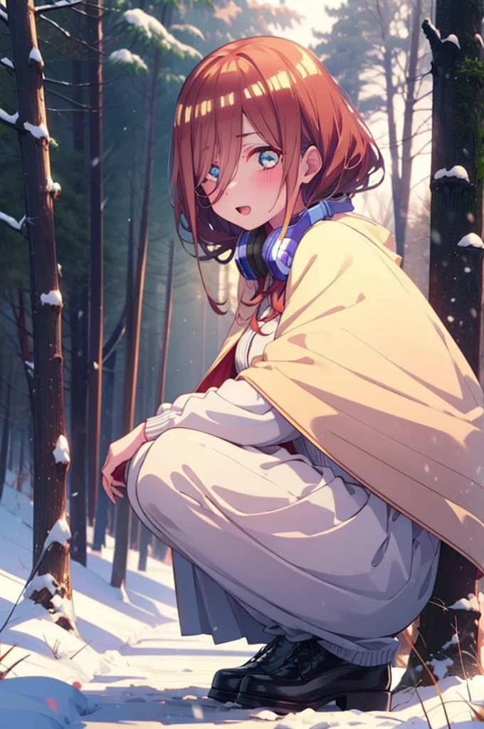 miku nakano, miku nakano, Long Hair, bangs, Brown Hair, shirt, Hair between the eyes, cardigan, Headphones around the neck,smile,blush,White Breath,
Open your mouth,snow,Ground bonfire, Outdoor, boots, snowing, From the side, wood, suitcase, Cape, Blurred, Increase your meals, forest, White handbag, nature, Squat, Mouth closed, フードed Cape, winter, Written boundary depth, Black shoes, red Cape break looking at viewer, Upper Body, whole body, break Outdoor, forest, nature, break (masterpiece:1.2), Highest quality, High resolution, unity 8k wallpaper, (shape:0.8), (Beautiful and beautiful eyes:1.6), Highly detailed face, Perfect lighting, Highly detailed CG, (Perfect hands, Perfect Anatomy),