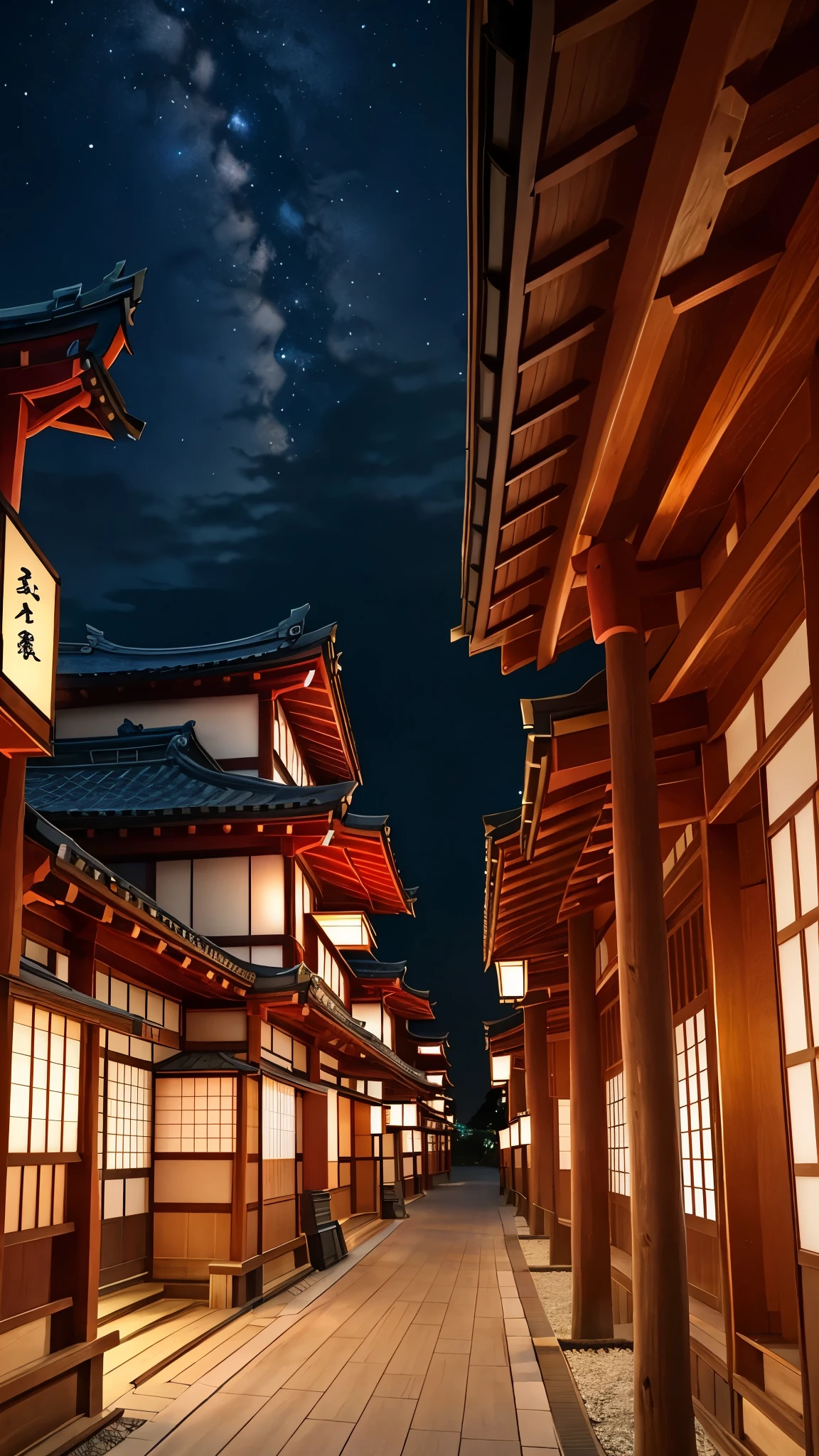 The image depicts a serene and picturesque scene of traditional Japanese architecture, featuring a prominent five-story pagoda at the center, set against a clear twilight sky. The pagoda, with its distinct tiers and curved roofs, is a focal point. Surrounding the pagoda are traditional wooden buildings with tiled roofs, creating a harmonious blend of historical Japanese aesthetics. To the left, a blooming cherry blossom tree adds a touch of color and seasonal beauty to the scene. The lighting is soft and warm, with a few lanterns illuminating the narrow, winding pathway that leads towards the pagoda. The overall ambiance is tranquil and reflective, capturing the essence of a quiet evening in a historic Japanese town.