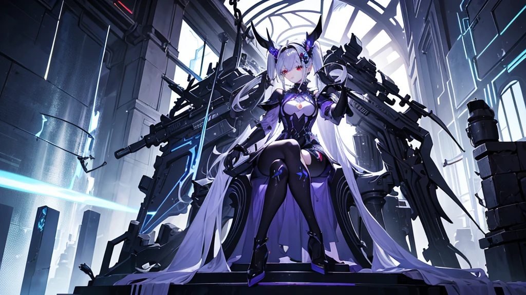 She has red eyes and blonde hair and a side ponytail hairstyle., adorned with an orange blossom accessory. The costume is futuristic and militaristic, with black and blue details, including gloves, high boots and pieces that look like armor. There are chains attached to the waist of the suit. Notably, the character has a mechanical arm on the left side that emits blue electrical energy. The character is sitting on a throne that appears to be made of a dark metallic material with sharp edges and glowing purple lines., suggesting futuristic or supernatural qualities. Behind the character, there is a large skull motif integrated into the throne design, adding to the eerie atmosphere. The background features architectural elements resembling broken walls or ruins with a glimpse of the sky above. There are also effects similar to purple electricity around the character,