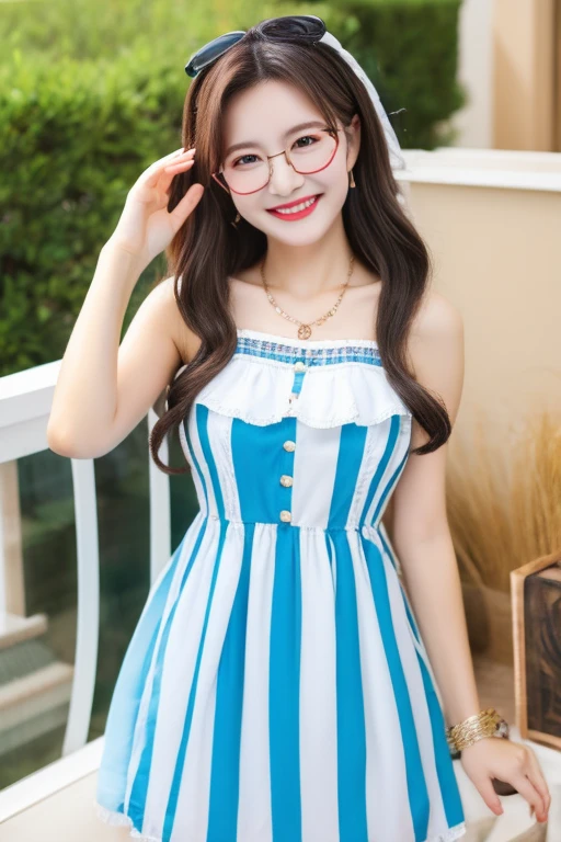 Highest quality、masterpiece、High sensitivity、High resolution、Detailed Description、Slim Body、Glasses、Happy expression、Striped dress、While turning around、