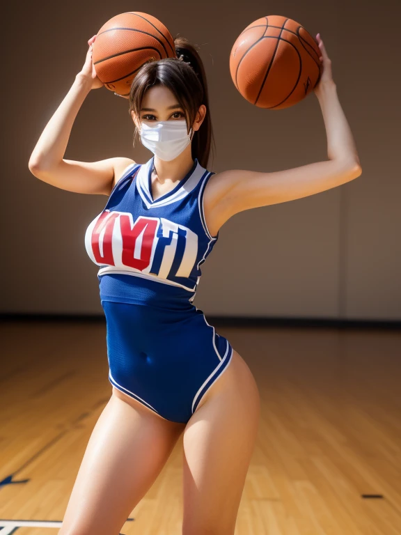 absurdres, RAW photo, extremely delicate and beautiful, masterpiece, Best Quality, ultra high resolution, 16k, hyperrealistic, ultra-detailed, perfect anatomy, Facing the front, super Detailed skin, perfect figure, Very detailed CG 8k wallpaper, in her 20s, very Slim body, Perfect dynamic composition, slender body shape, Beautiful and glossy thighs, thin legs, (very huge round breasts), midriff, (full body shot), 1girl in, Facing the front, akiryo-mai, shiranui mai, parted bangs, mature female, high ponytail, shiny skin, ((basketball uniform)), ((wearing mouth mask)),