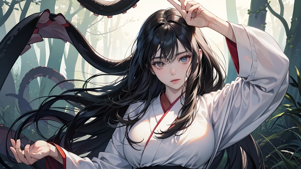 (perfect anatomy:1.2)(absurdres, highres, ultra detailed),masterpiece,best quality,high resolution,8K,Realistic face,Realistic skin texture,magnified textures, stunning clarity,(1 girl),detailed anime girl,japanese lowteen girl,ultra detailed eyes and face,black hair,long hair,creepy swamp,mysterious eyes,midnight,(too many tentacles in the background:1.2),too many tentacles on the body,pale skin,Japanese shrine maiden, ,(white kimono),(red hakama:1) thin body type,big breasts,(expressionless),from front,upper body,arms up,Daytime