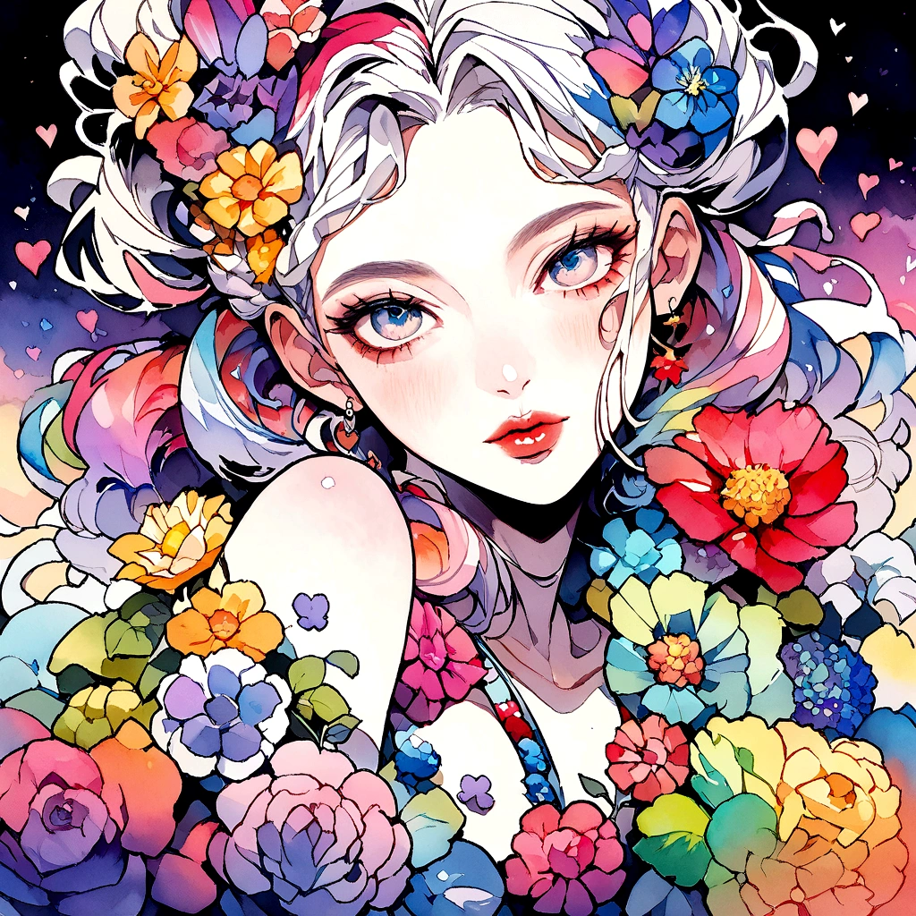 ぺこ Style、(((stylish fashion))), 8K Quality、Intense watercolor, Detailed watercolor art, Watercolor splash, Surreal, avant-garde pop art, Beautiful and expressive paintings, Beautiful artwork illustration, Very colorful tones, wonderful, Cool beauty, highest quality、Official Art, Vector art, Stylish design, (((The most beautiful girl))), (((highest quality))), HDR, ((detailed)), (((Doodle Art)), ((masterpiece)), ((Super detailed)), (((Colorful flowers))), colorful hearts, (((Stylish))), Lips in love