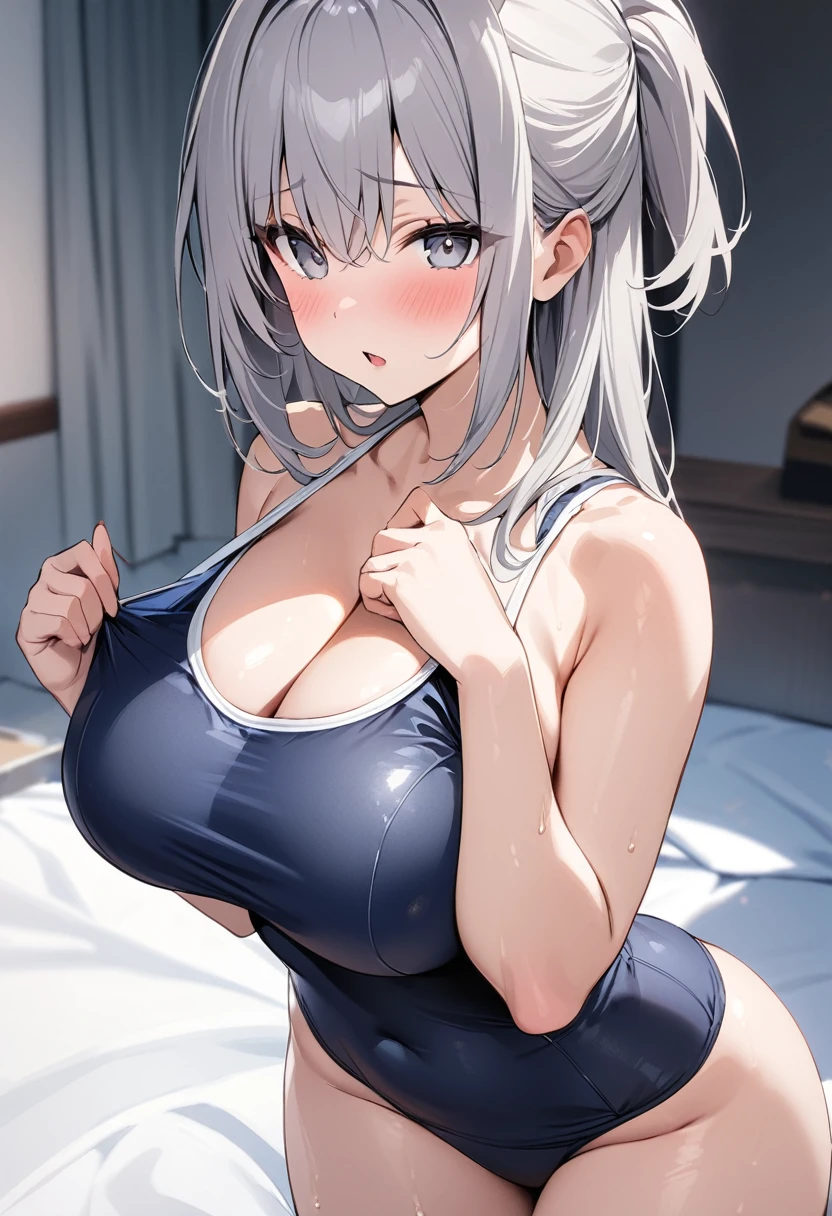 masterpiece、Highest quality、Best image quality、High resolution、Big Breasts、Black school swimsuit、Muji school swimsuit、Grey Hair、Grey Eyes、Half Up