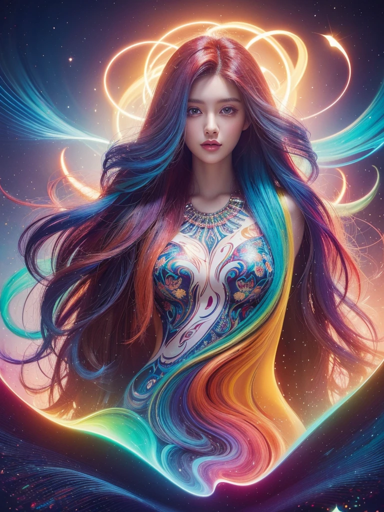 Drawing of a woman with long colorful hair, Beautiful digital illustrations, Stunning digital illustrations, Gorgeous digital art, A beautiful artistic illustration, Beautiful digital artwork, Beautiful digital art, Beautiful digital illustrationss, complex digital painting, very Beautiful digital art, Vibrant digital painting, beautiful Gorgeous digital art, Psychedelic flowing hair, Colorful numbers, Inspiring digital art, Stylized digital art