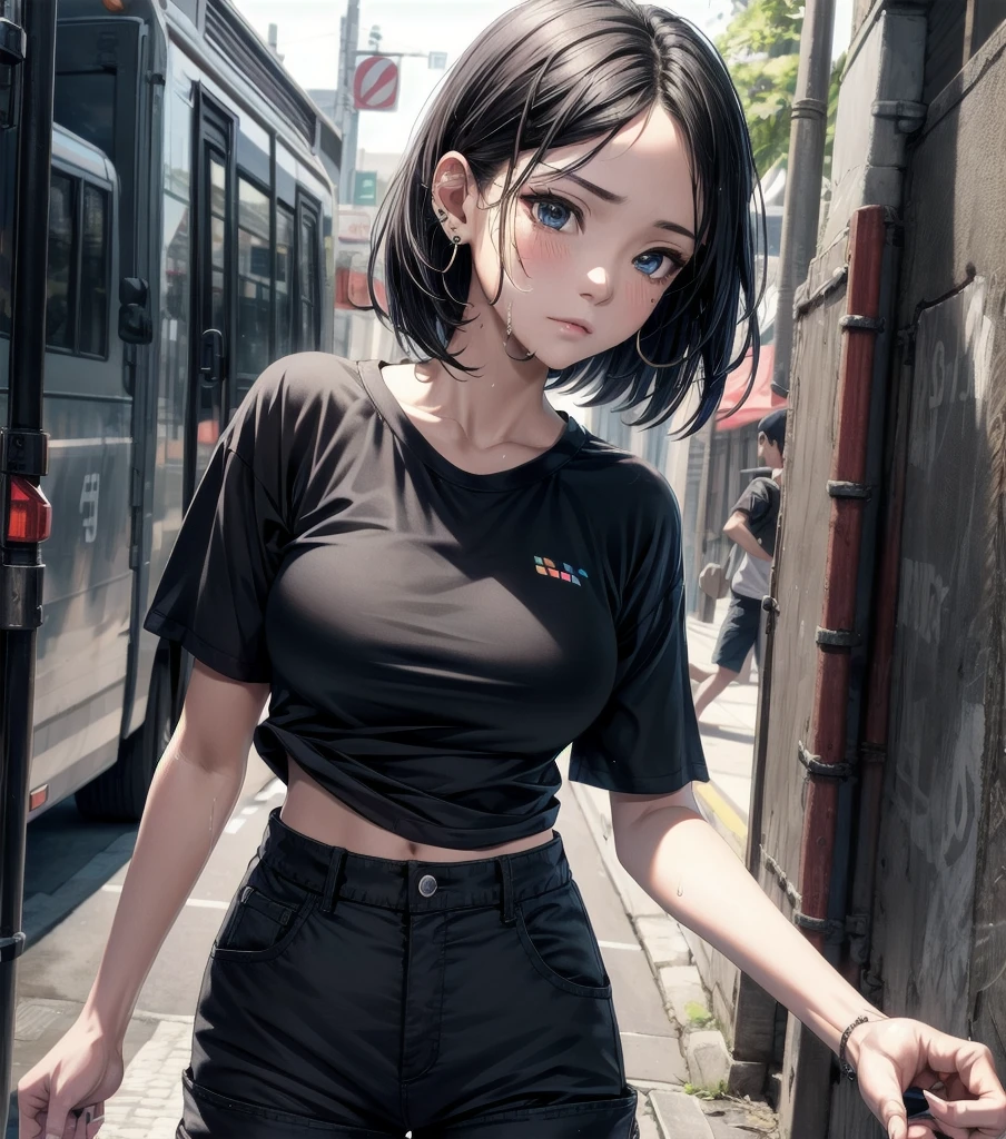 whole body, photorealistic, delicate facial features, medium tits, medium hair, black hair, tearful mole, earring, t-shirt, cargo pants, shorts, wet,