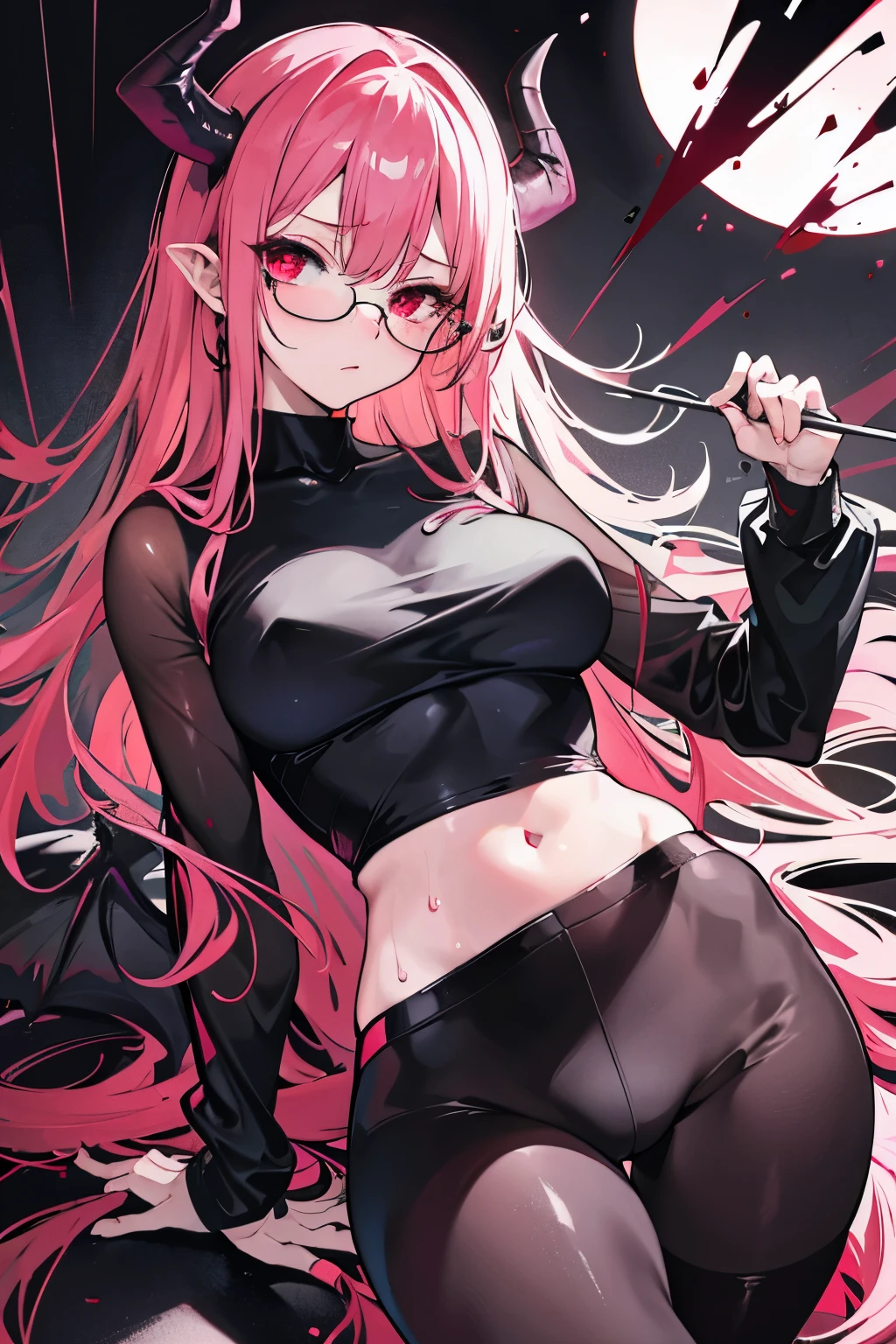 underdressing，Expression of disgust，Expression of disgust，Red Eyes，Sweat，Soaked，liquid，transparent，Cropped tops，succubus，pink，stocking，Glasses，Black pantyhose