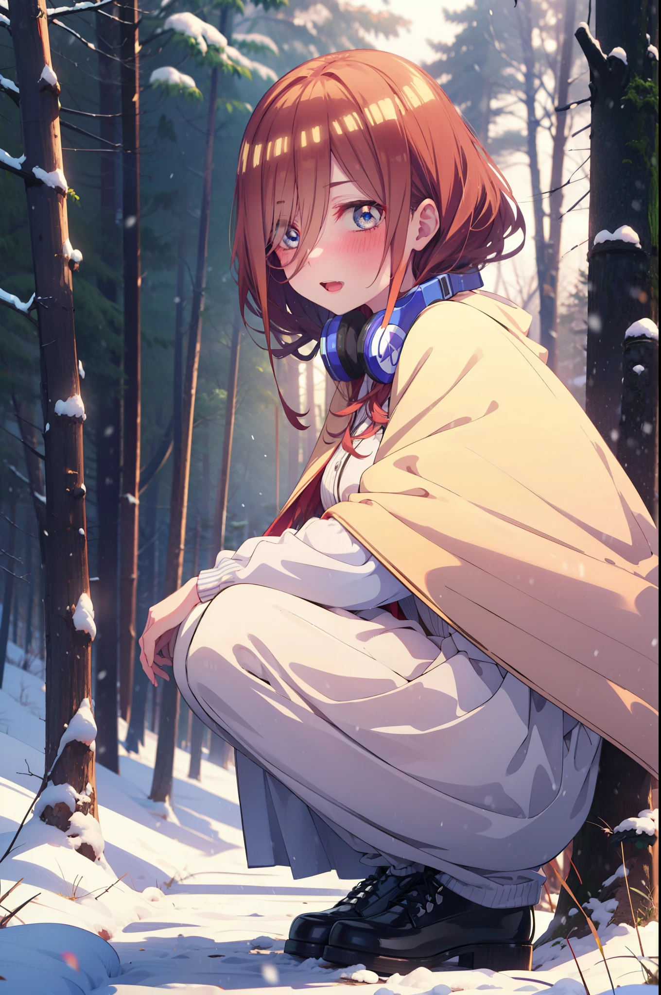 miku nakano, miku nakano, Long Hair, bangs, Brown Hair, shirt, Hair between the eyes, cardigan, Headphones around the neck,smile,blush,White Breath,
Open your mouth,snow,Ground bonfire, Outdoor, boots, snowing, From the side, wood, suitcase, Cape, Blurred, Increase your meals, forest, White handbag, nature,  Squat, Mouth closed, フードed Cape, winter, Written boundary depth, Black shoes, red Cape break looking at viewer, Upper Body, whole body, break Outdoor, forest, nature, break (masterpiece:1.2), Highest quality, High resolution, unity 8k wallpaper, (shape:0.8), (Beautiful and beautiful eyes:1.6), Highly detailed face, Perfect lighting, Highly detailed CG, (Perfect hands, Perfect Anatomy),