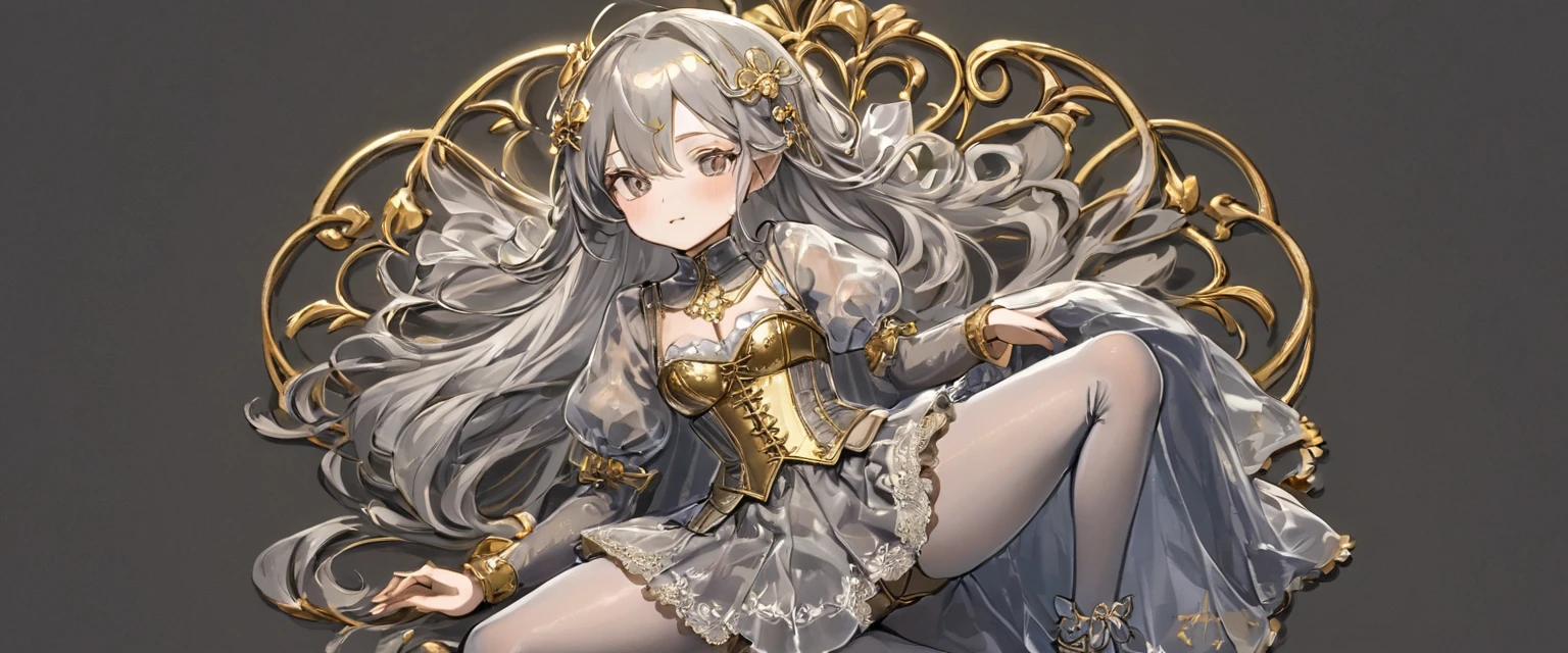 8 year old medieval girl, In underwear、Gold and silver thread embroidery、Knee-length semi-transparent bloomers（Drawers）Wearing、Wearing a semi-transparent corset、Translucent slip, Grey translucent tights、sleep