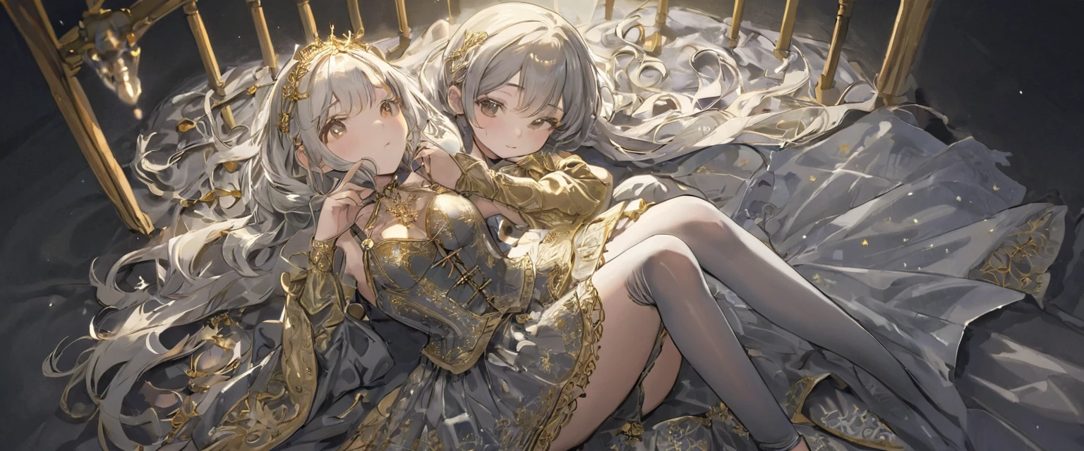 8 year old medieval girl, In underwear、Gold and silver thread embroidery、Knee-length semi-transparent bloomers(Drawers)Wearing、Wearing a semi-transparent corset、Translucent slip, Grey translucent tights、sleep