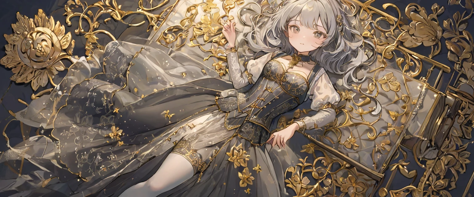 8 year old medieval girl, In underwear、Gold and silver thread embroidery、Knee-length semi-transparent bloomers(Drawers)Wearing、Wearing a semi-transparent corset、Translucent slip, Grey translucent tights、sleep
