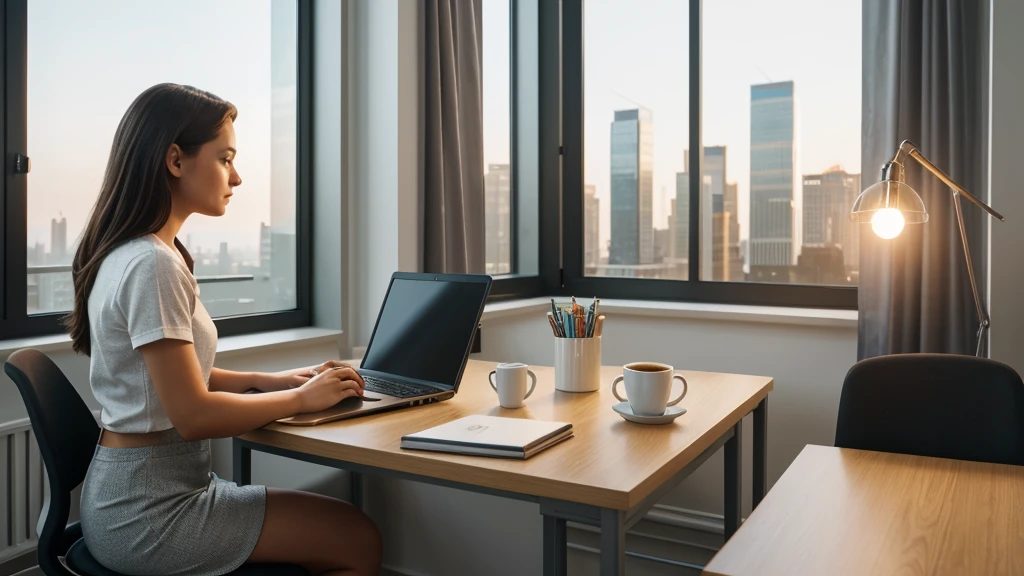 a freelancer working in the office, girl sitting at desk, laptop computer, coffee mug, books, papers, lamp, window view of city skyline, natural lighting, warm color tones, photorealistic, highly detailed, cinematic, 8k, masterpiece