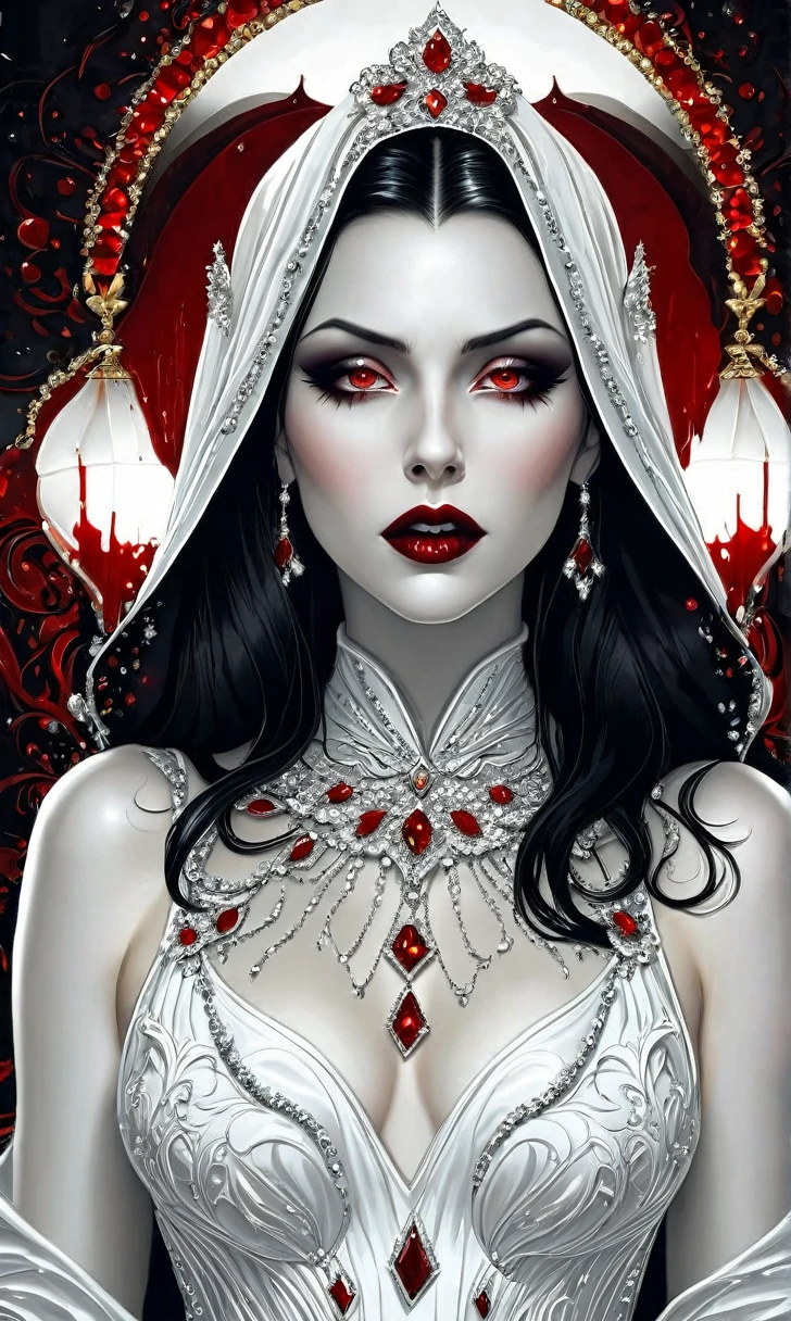 frafed, dark fantasy art, goth art, a beautiful female vampire wearing a (blood stained white evening dress: 1.5), an extremely beautiful female vampire, ultra detailed face, black hair, long hair, wavy hair, red lips, glowing red eyes, visible vampiric fangs, she wears a ((white evening dress: 1.5)), elegant, intricate detailed dress, small cleavage, ((dress is decorated with gems: 1.4)), she wears knee high heels boots, there are stains of blood on the upper [art of the dress, dynamic background