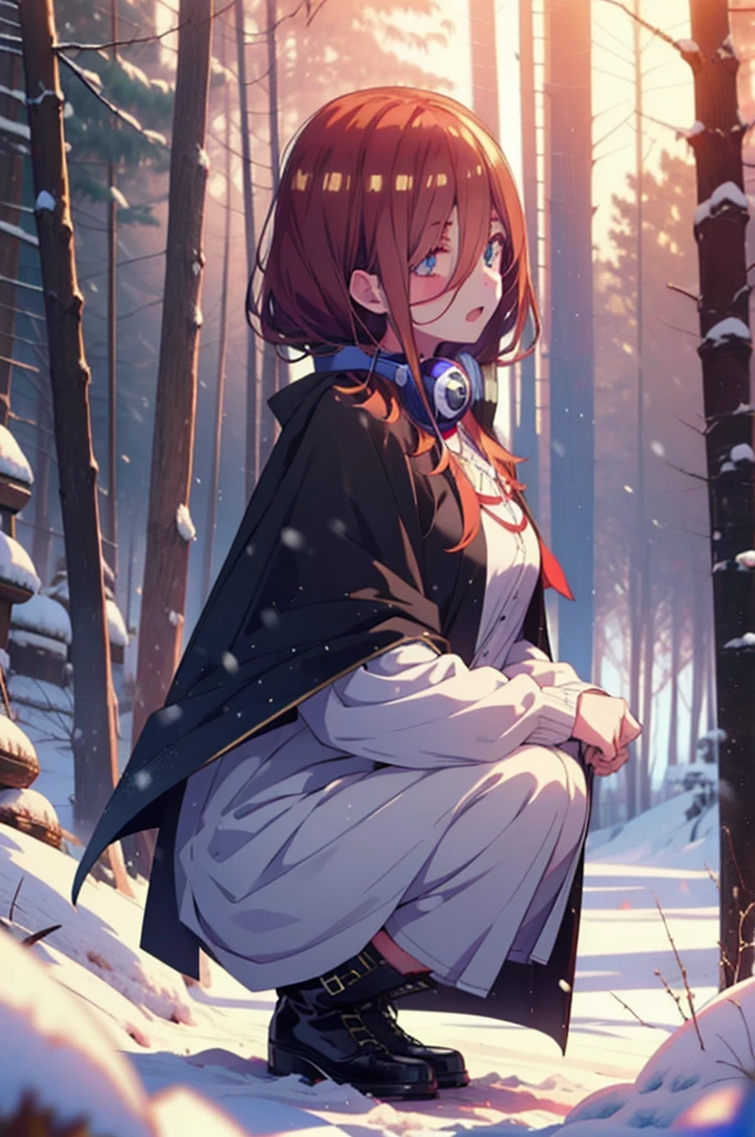miku nakano, miku nakano, Long Hair, bangs, Brown Hair, shirt, Hair between the eyes, cardigan, Headphones around the neck,smile,blush,White Breath,
Open your mouth,snow,Ground bonfire, Outdoor, boots, snowing, From the side, wood, suitcase, Cape, Blurred, Increase your meals, forest, White handbag, nature, Squat, Mouth closed, フードed Cape, winter, Written boundary depth, Black shoes, red Cape break looking at viewer, Upper Body, whole body, break Outdoor, forest, nature, break (masterpiece:1.2), Highest quality, High resolution, unity 8k wallpaper, (shape:0.8), (Beautiful and beautiful eyes:1.6), Highly detailed face, Perfect lighting, Highly detailed CG, (Perfect hands, Perfect Anatomy),