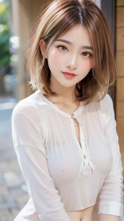 (Top quality masterpiece:1.2) Delicate illustrations, Very detailed, /Beautiful Japanese Woman、1 person,Very cute and slim、Great style 、((8K images、super high quality))、Very delicate face, beautifule forehead、、Bright red lipstick,((((((((Mid-length hair、Blonde)))))))),very cute、A kind smile、Kind eyes,((((Casual Fashion))))、Cross your arms