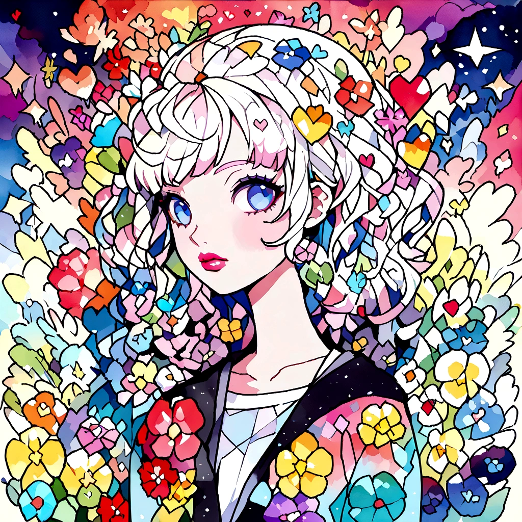 Yuusuke Nakamura Style、(((stylish fashion))), 8K Quality、Intense watercolor, Detailed watercolor art, Watercolor splash, Surreal, avant-garde pop art, Beautiful and expressive paintings, Beautiful artwork illustration, Very colorful tones, wonderful, Cool beauty, highest quality、Official Art, Vector art, Stylish design, (((The most beautiful girl))), (((highest quality))), HDR, ((detailed)), (((Doodle Art)), ((masterpiece)), ((Super detailed)), (((Colorful flowers))), colorful hearts, (((Stylish))), Lips in love