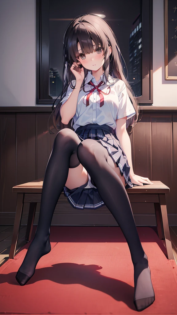 (8K、Best image quality、Highest quality、masterpiece)、One tall girl、((Full body))、Sitting on the floor、White panties are visible、Long Hair、Wavy Hair、blush、Moderate bust、White collared shirt、Short sleeve、((Plaid pleated mini skirt))、Classroom Background、((black tights))、Black Pantyhose、((No shoes))