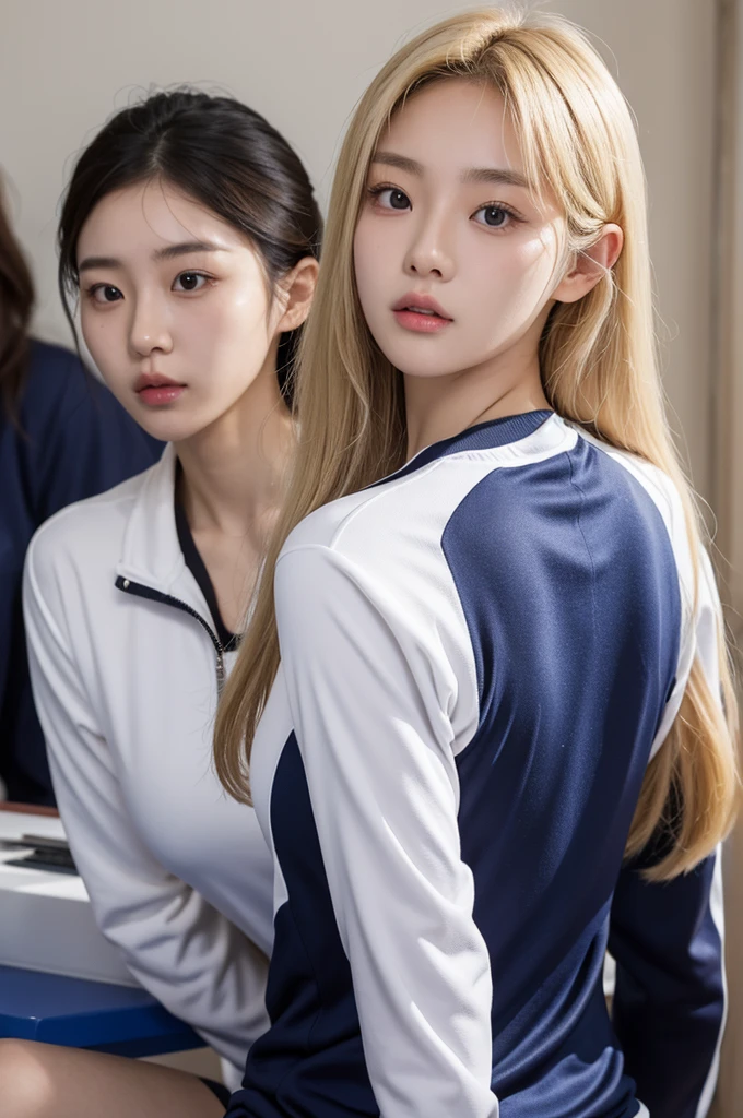 Korean woman, College student, training suit, Cute face, big bust, blonde hair